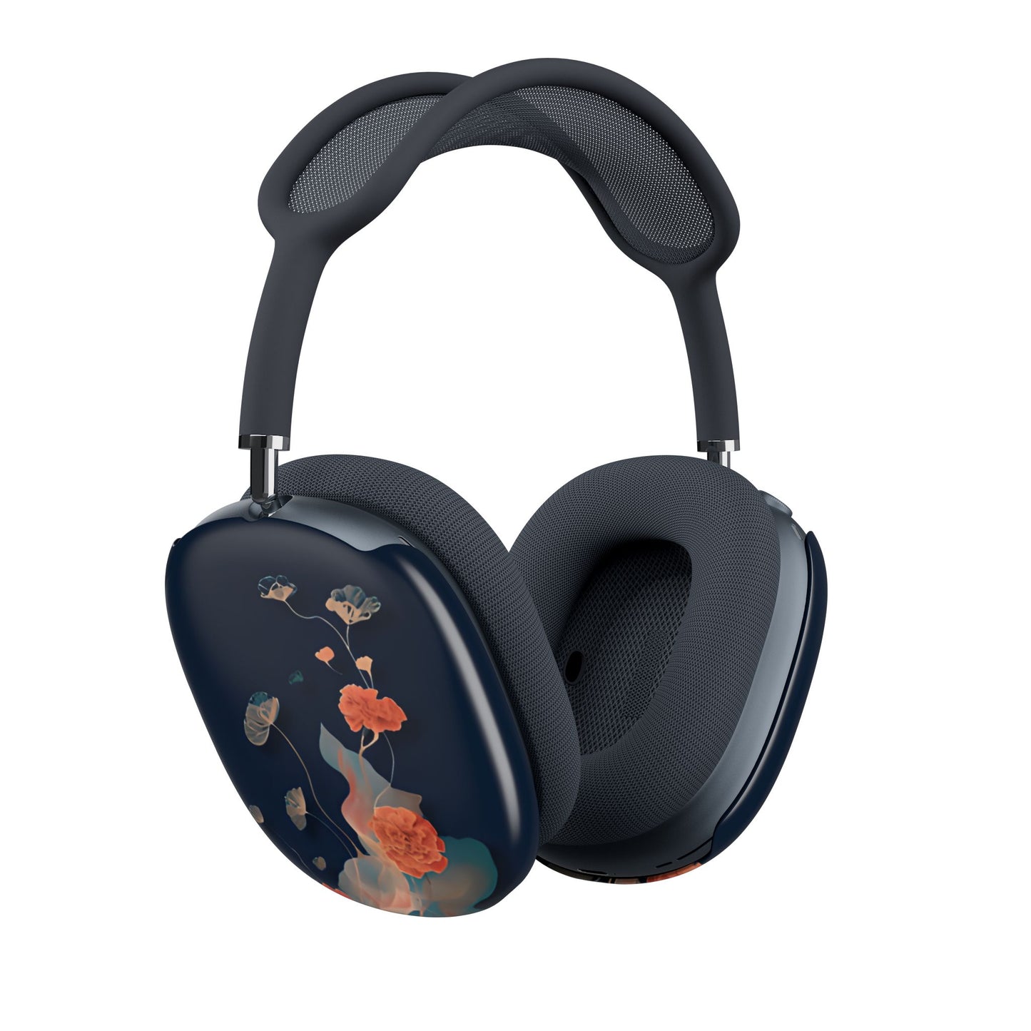 Lotus Reverie AirPods Max cover set on Apple headphones, elegant navy lotus flower design for Apple AirPods Max, angled side view
