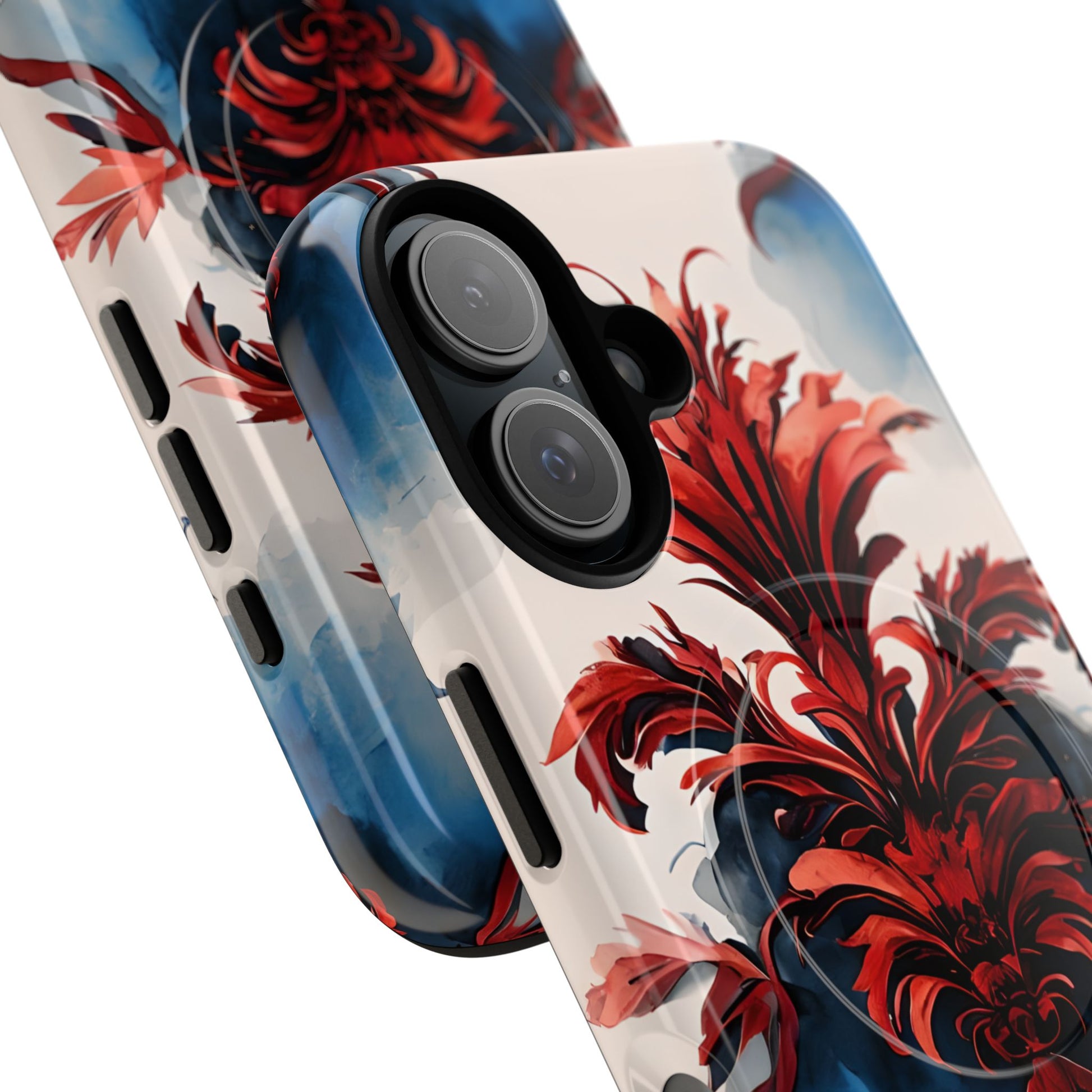 Crimson Plume - Bold Artistic Feather iPhone 16 MagSafe Phone Case - Dramatic Red & Blue Design