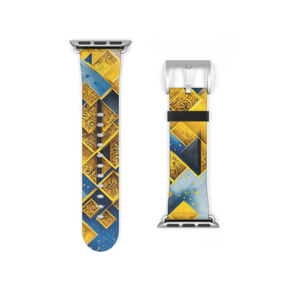 Golden Ascent Apple Watch band strap with silver clasp showing bold geometric mountain artwork in gold and blue