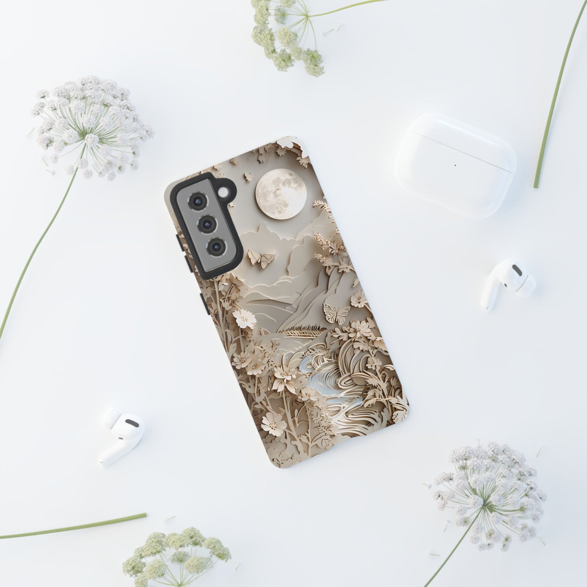 Moonlit Garden - Elegant Neutral Floral Samsung Galaxy S21 Tough Phone Case - Painterly Botanical & Moon Design