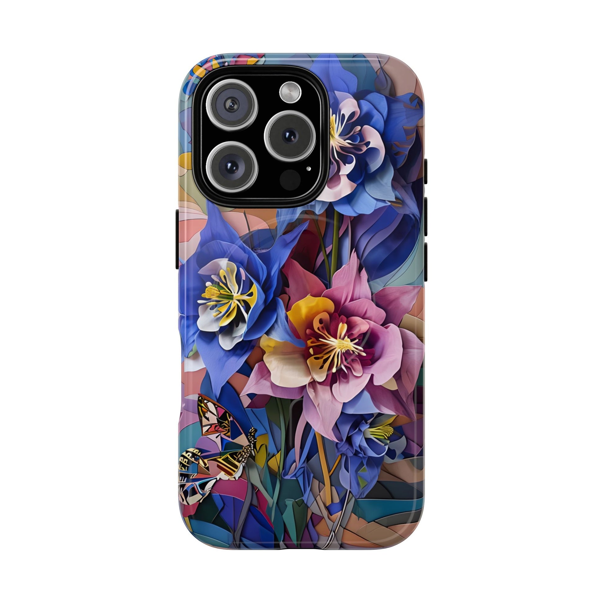 Blue Columbine Carnivale - Artistic Floral & Butterfly iPhone 16 Pro MagSafe Phone Case - Vibrant Botanical Design
