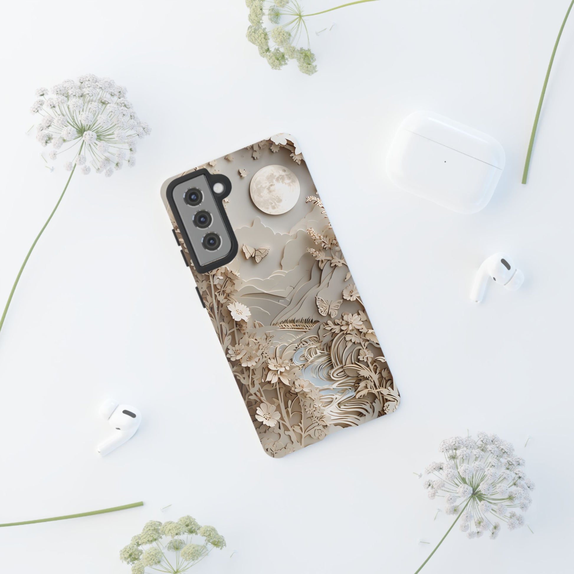Moonlit Garden - Elegant Neutral Floral Samsung Galaxy S21 Tough Phone Case - Painterly Botanical & Moon Design