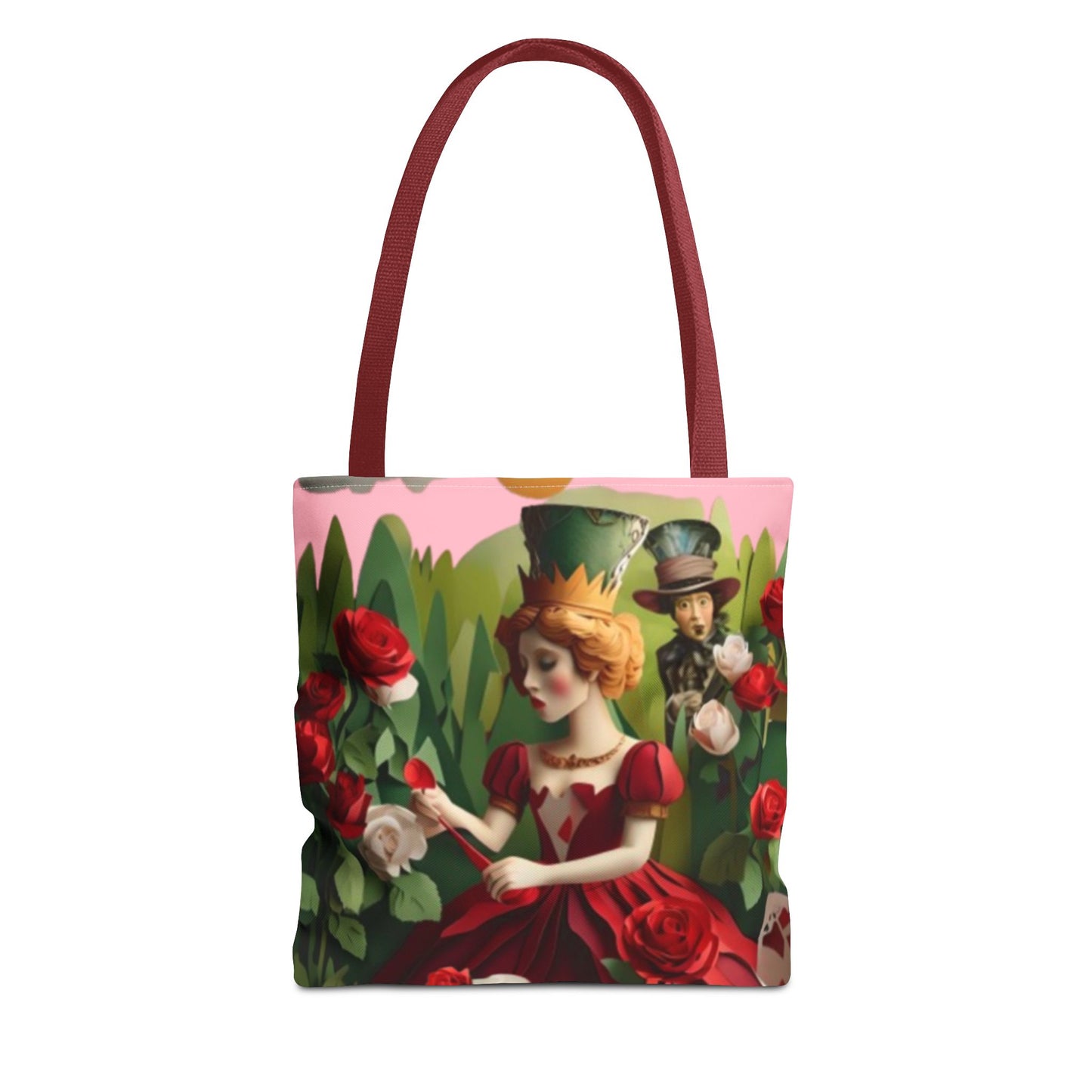 Regal Rose Court canvas tote bag featuring rich red rose floral artwork with red handles