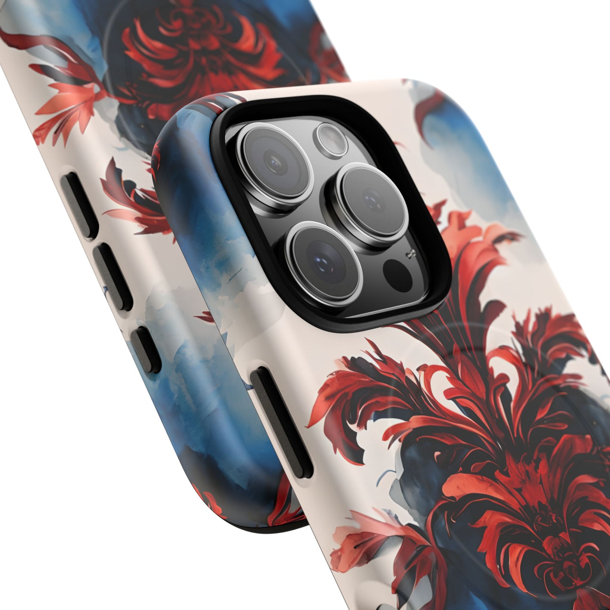 Crimson Plume - Bold Artistic Feather iPhone 16 Pro MagSafe Phone Case - Dramatic Red & Blue Design