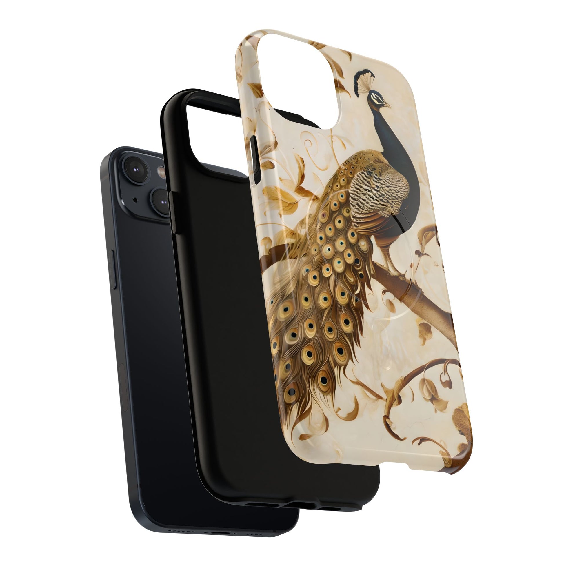 Golden Plumage - Luxe Peacock Art iPhone 14 Plus Phone Case - MagSafe Compatible - Elegant Gold & Cream Design