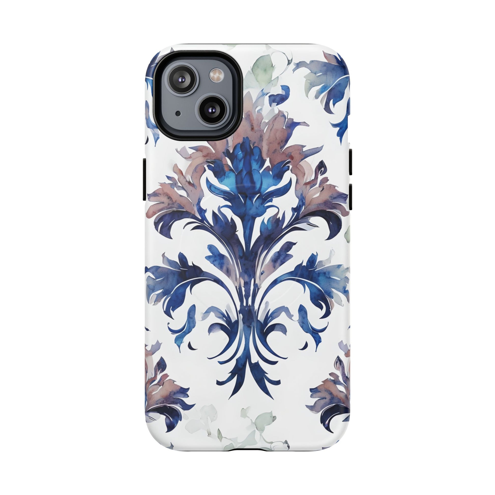 Delft Reverie - Elegant Blue & White iPhone 14 Plus MagSafe Phone Case - Dutch Delftware-Inspired Floral Design