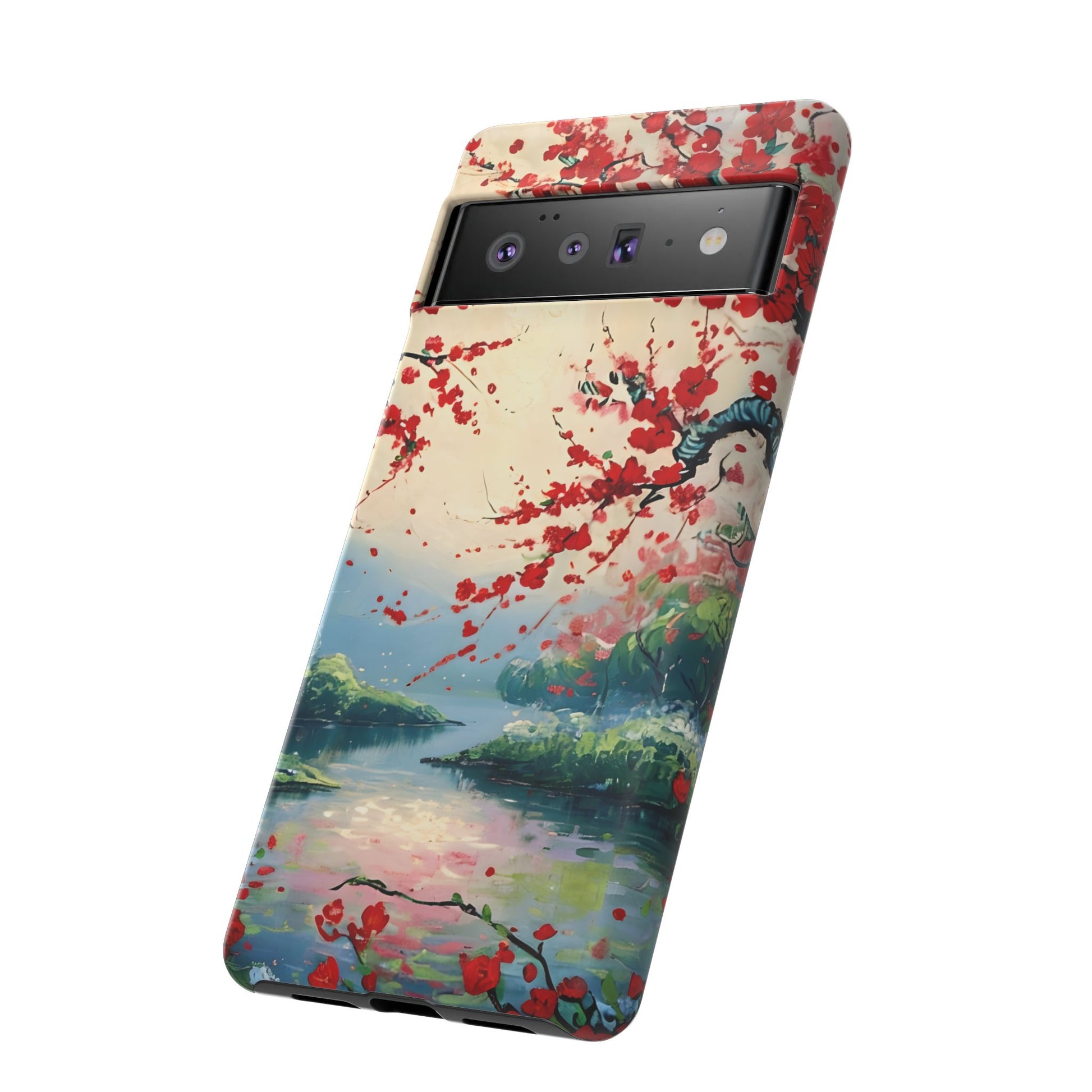 Crimson Blossom Lake - Artistic Floral Landscape Google Pixel 6 Pro Tough Phone Case - Red Cherry Blossoms & Serene Lake Design