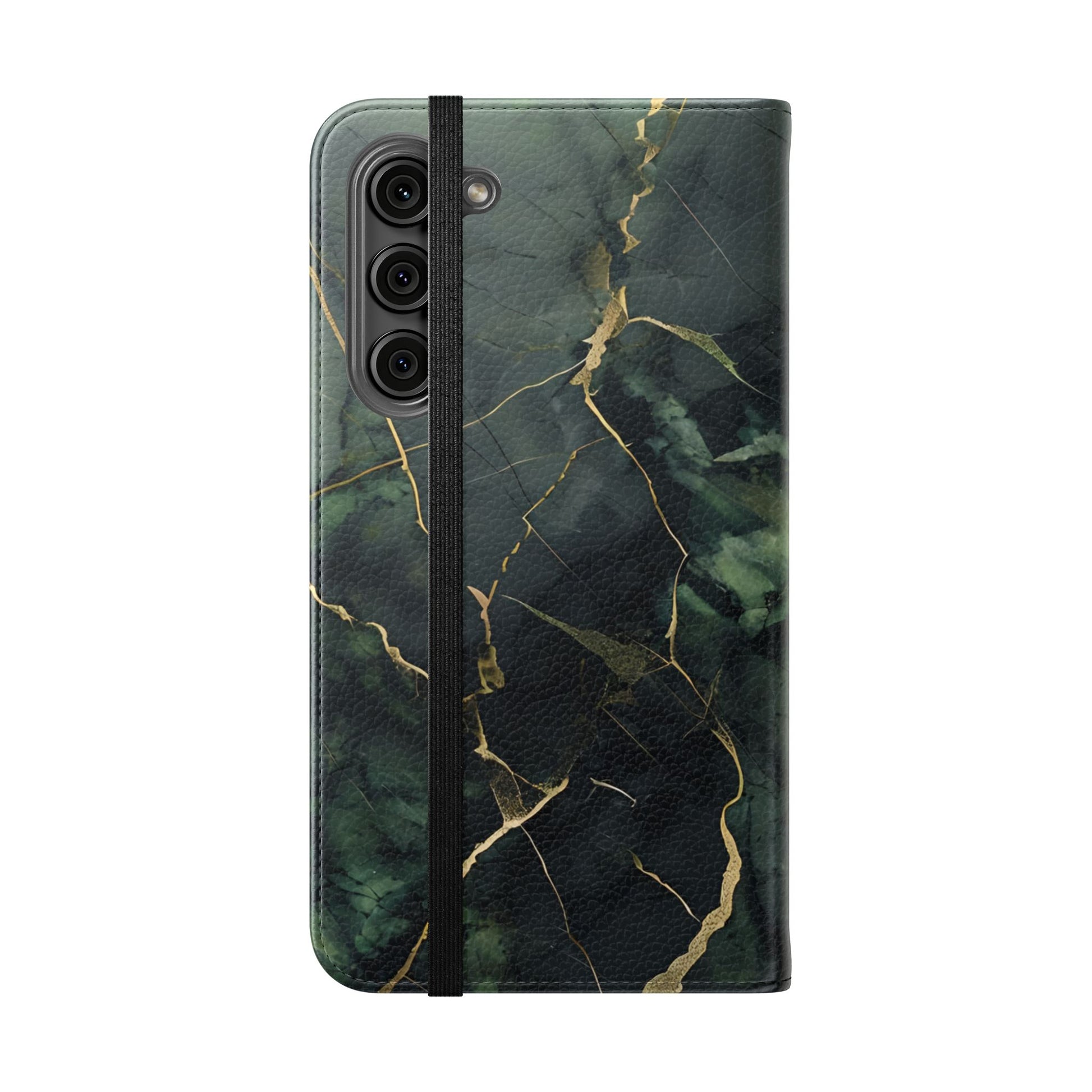 Verdant Vein - Flip Phone Case for Samsung Galaxy S23 Plus - Green and Gold Marble Design