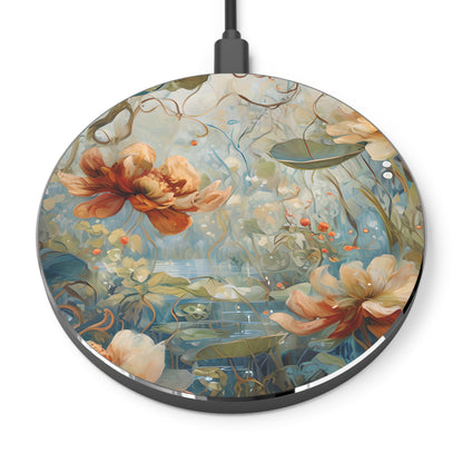 Waterlily Dreamscape floral pond art Qi wireless charger with water lilies and floral design