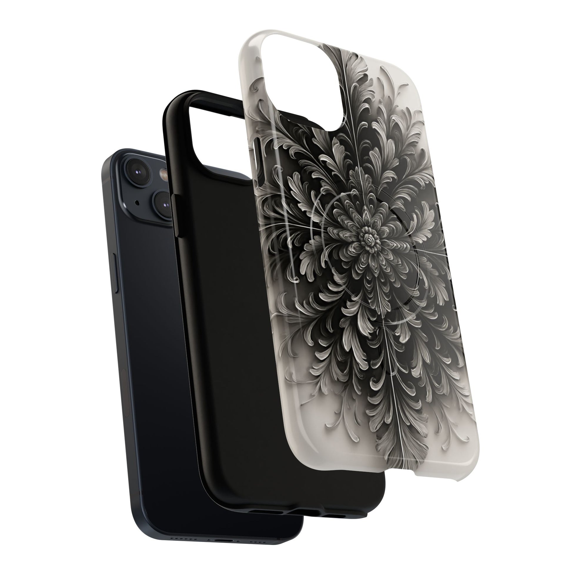 Obsidian Bloom - Elegant Black & White iPhone 14 Plus MagSafe Phone Case - Intricate Mandala Flower Design