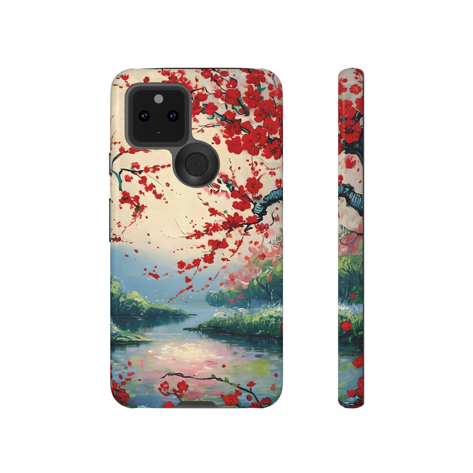 Crimson Blossom Lake - Artistic Floral Landscape Google Pixel 5 5G Tough Phone Case - Red Cherry Blossoms & Serene Lake Design