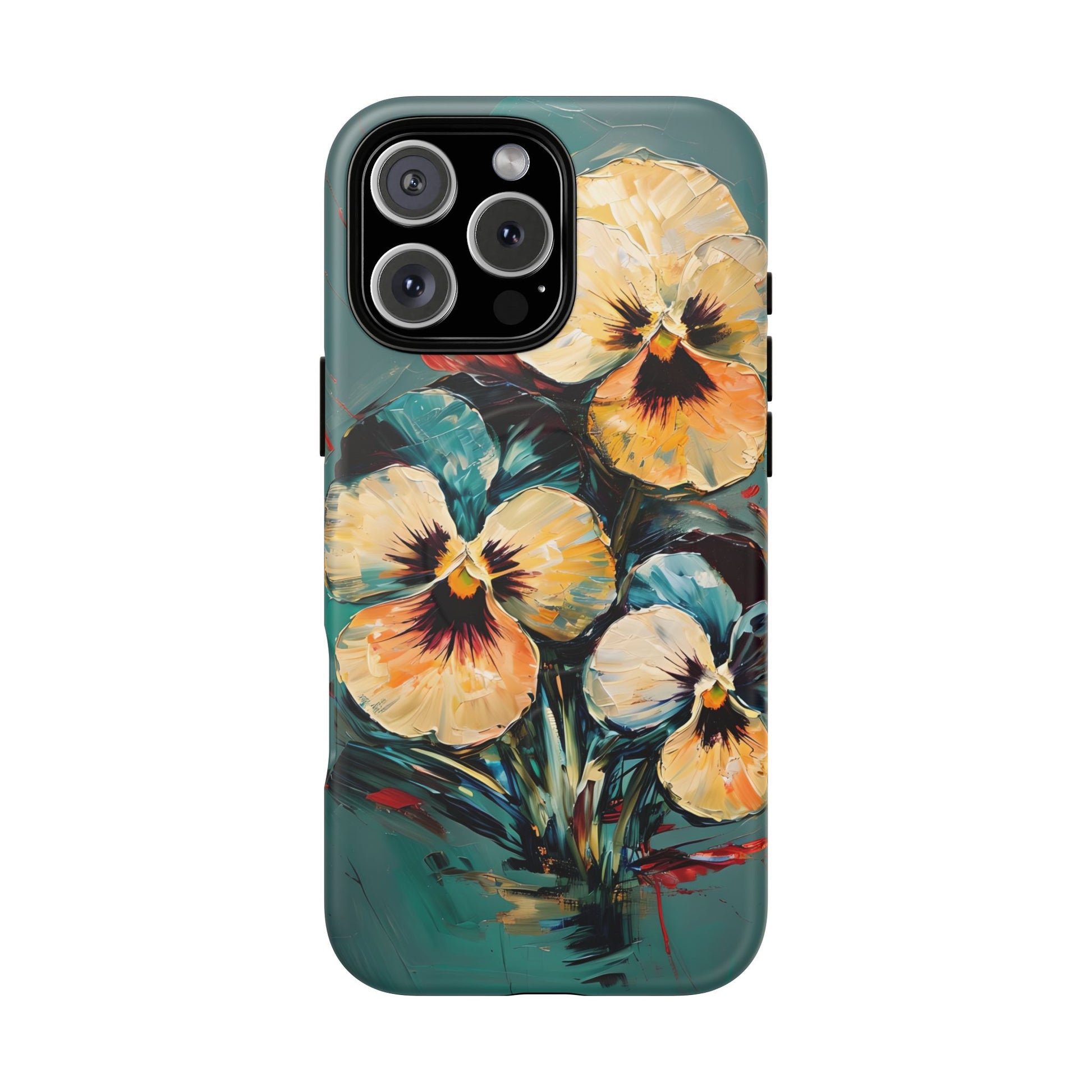 Golden Pansy Cascade - Elegant Floral iPhone 16 Pro Max MagSafe Case with Deep Teal Background