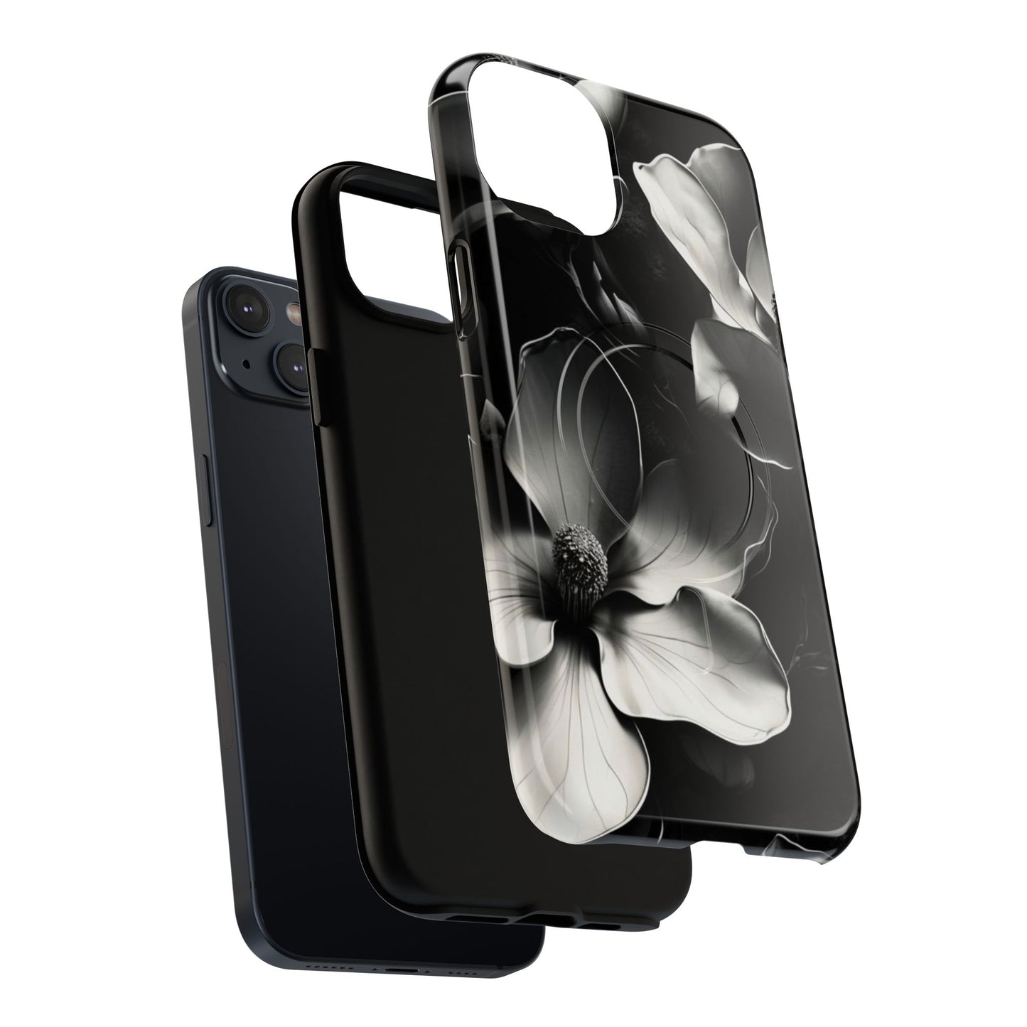 Monochrome Magnolia - Elegant Black & White Floral iPhone MagSafe Phone Case - Artistic Magnolia Design