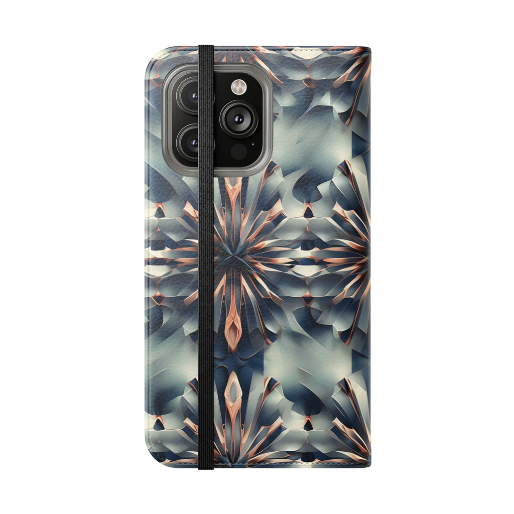 Obsidian Kaleidoscope iPhone 14 Pro Max Wallet Case - Elegant Abstract Flip Cover with Card Slots