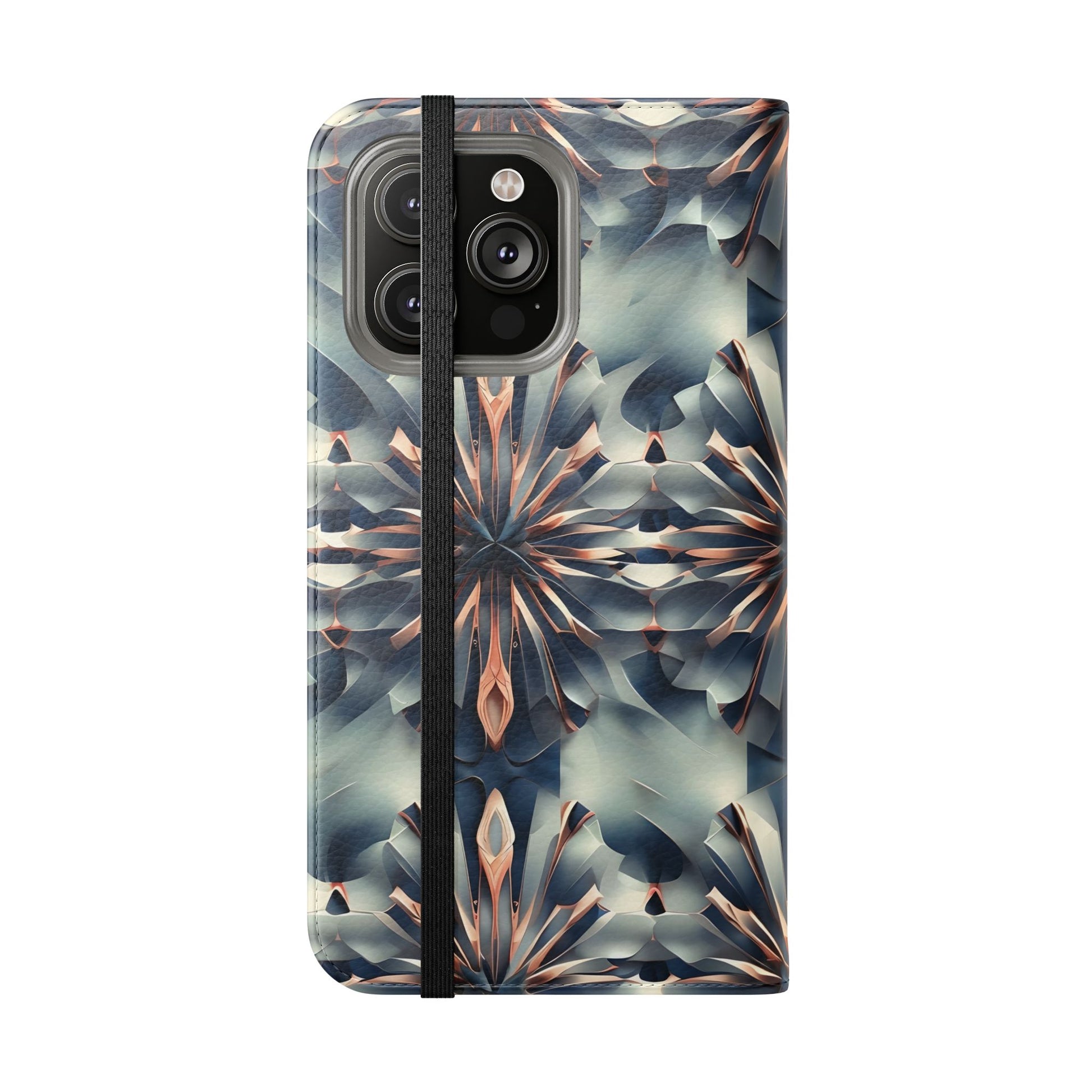 Obsidian Kaleidoscope iPhone 14 Pro Max Wallet Case - Elegant Abstract Flip Cover with Card Slots