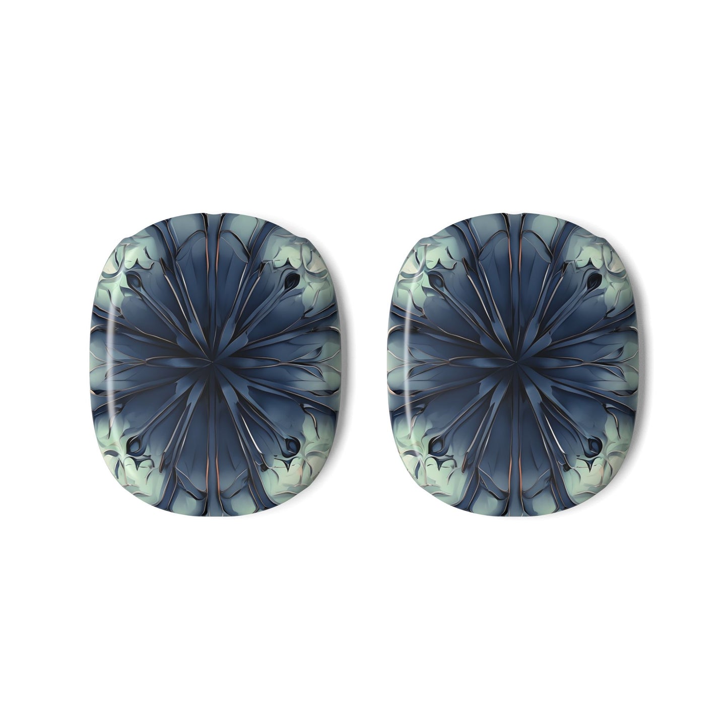 Indigo Mosaic AirPods Max ear cup covers with indigo flower mandala pattern on light background, flat product view