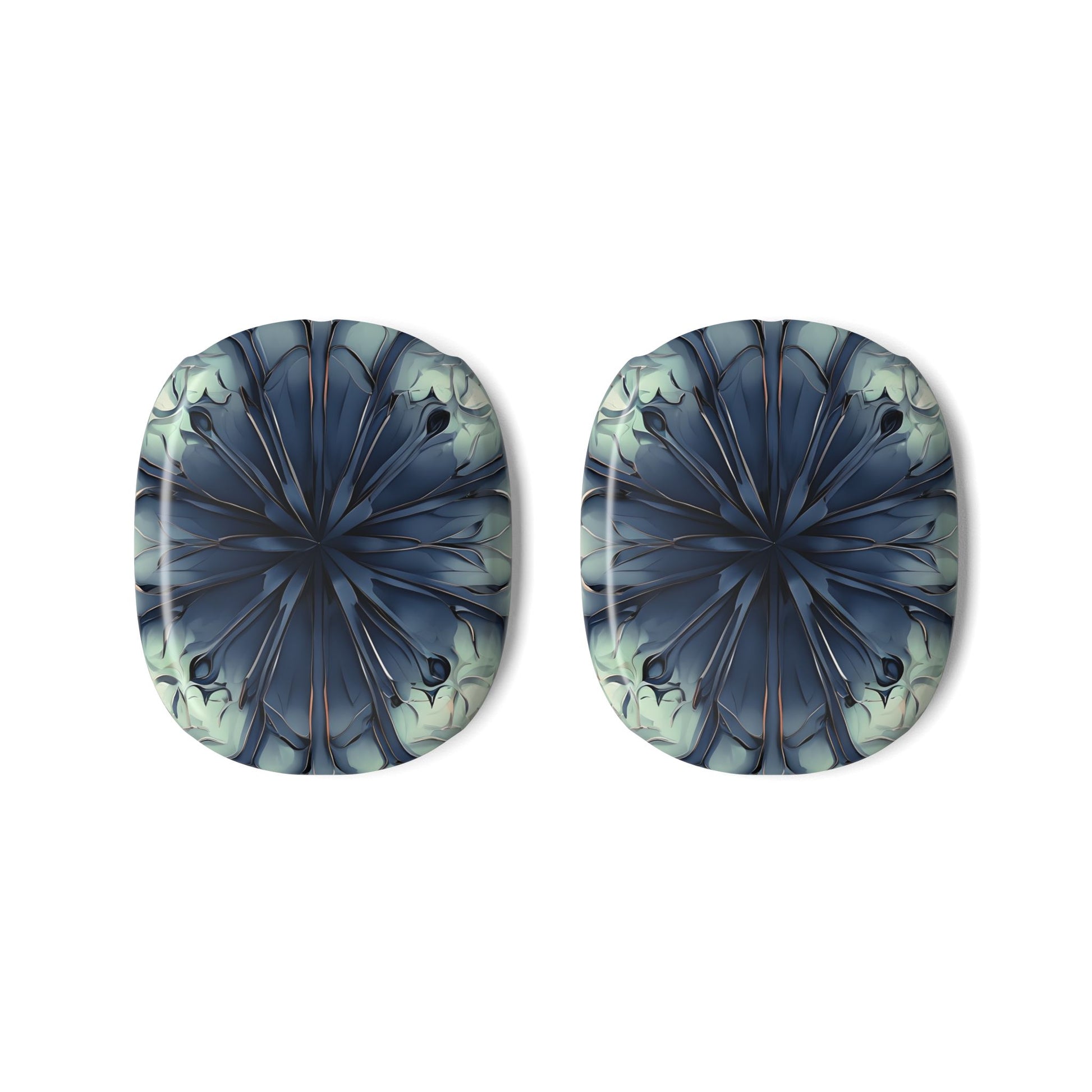 Indigo Mosaic AirPods Max ear cup covers with indigo flower mandala pattern on light background, flat product view