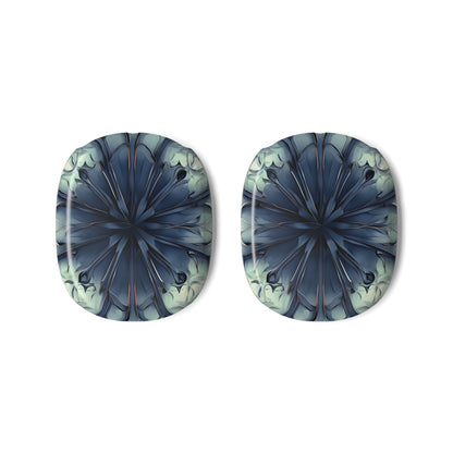 Indigo Mosaic AirPods Max ear cup covers with indigo flower mandala pattern on light background, flat product view