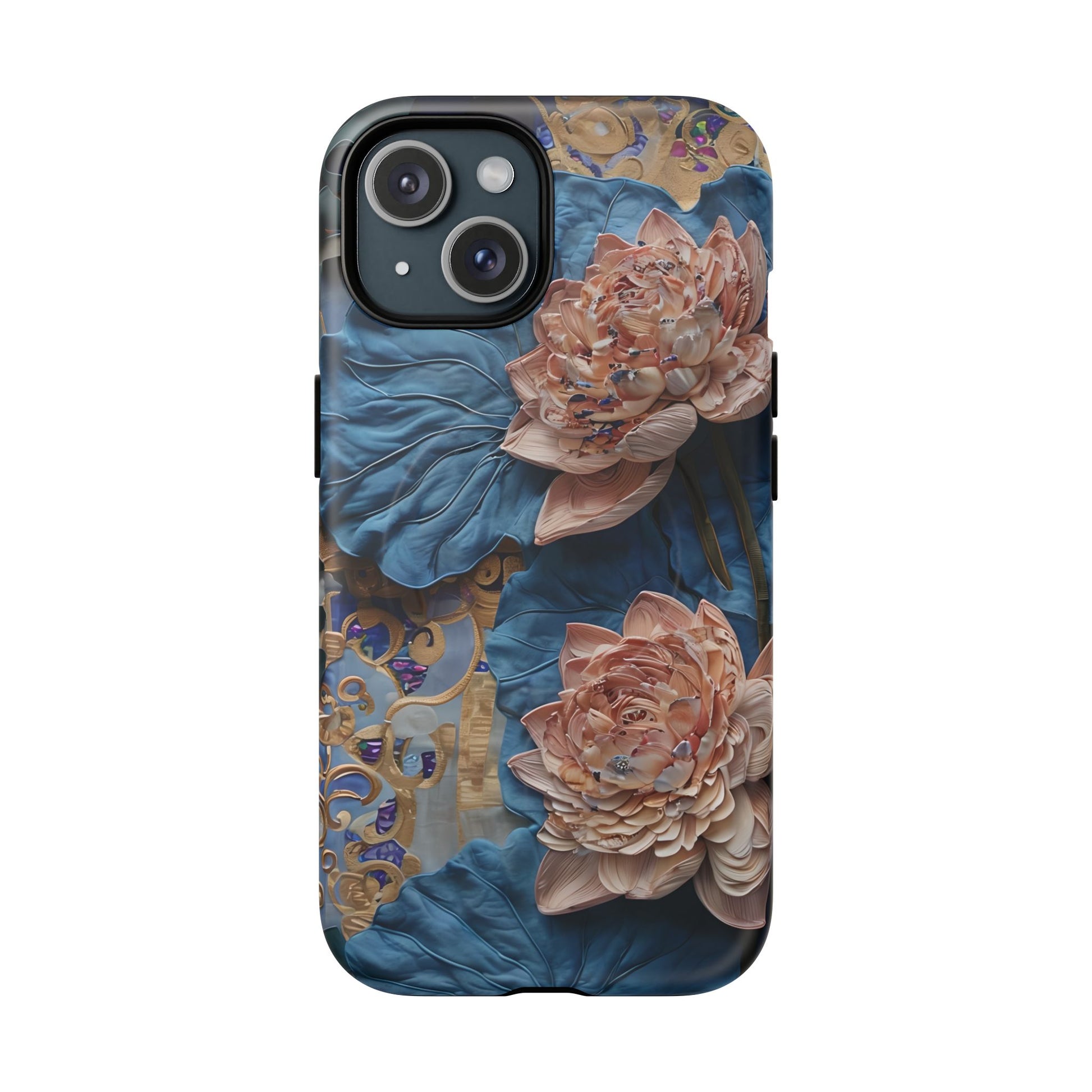 Peony Midnight Tapestry - iPhone 15 - MagSafe Compatible - Elegant Blue & Blush Artful Phone Cover