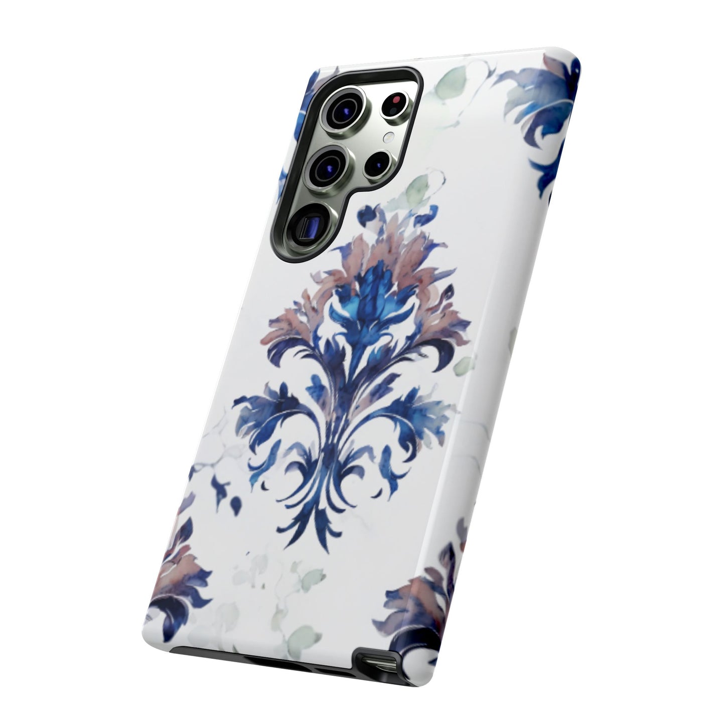 Delft Reverie blue Delft inspired botanical pattern Samsung Galaxy phone case angled view