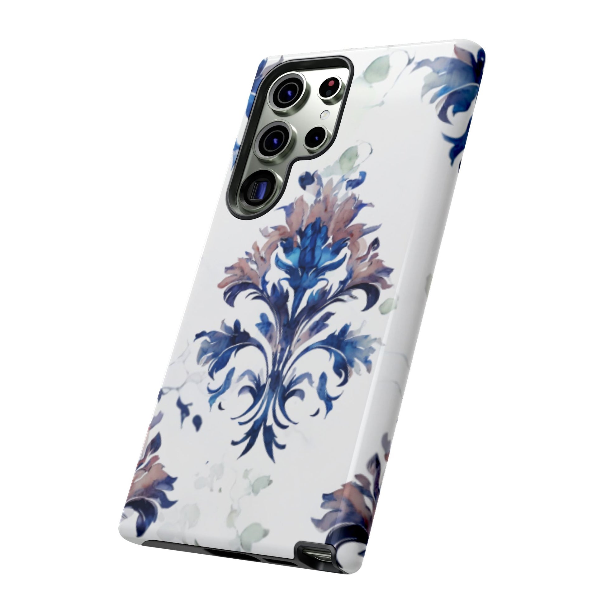 Delft Reverie blue Delft inspired botanical pattern Samsung Galaxy phone case angled view