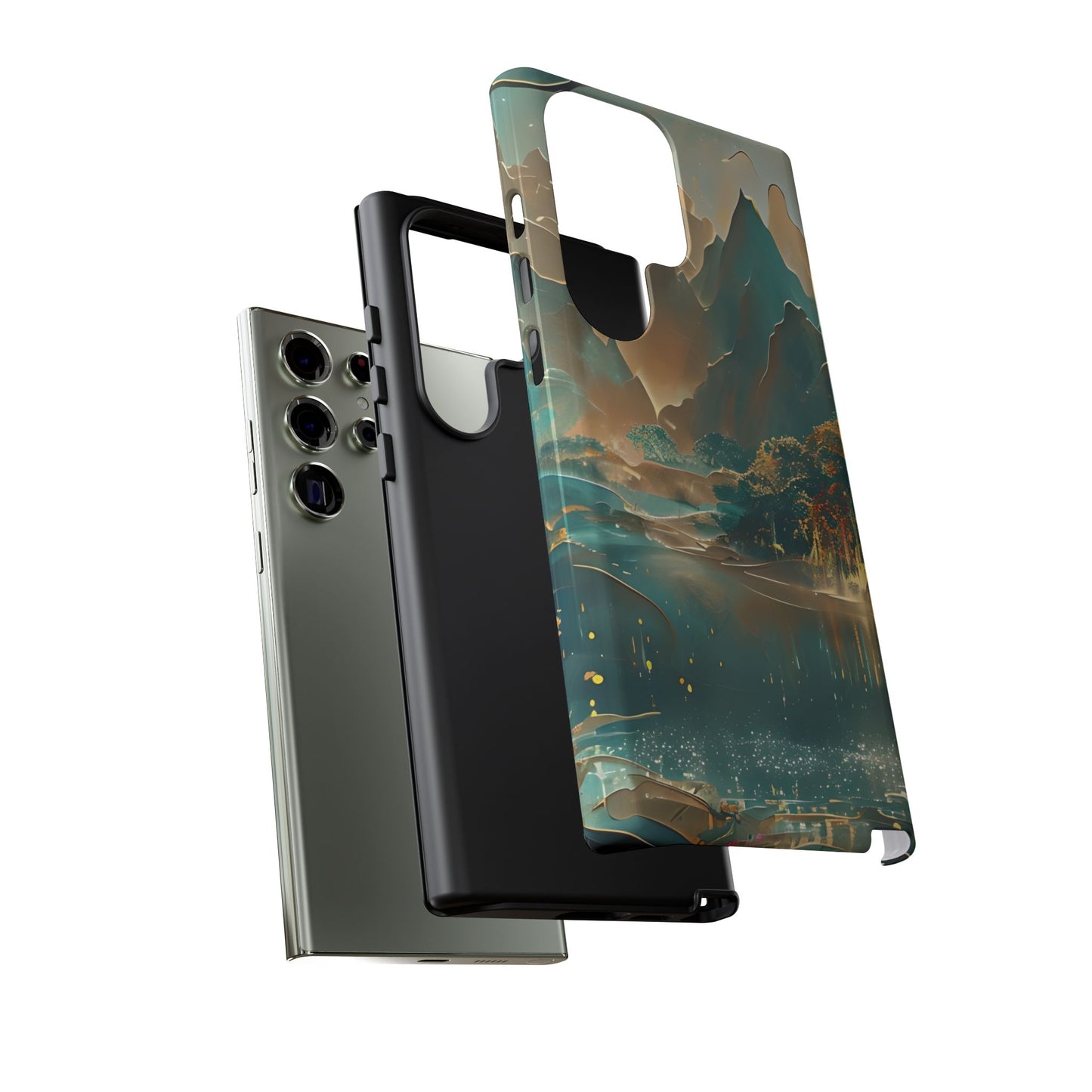 Misty Horizon Samsung Galaxy dual layer tough case with serene fantasy landscape and glowing shoreline, side and back view