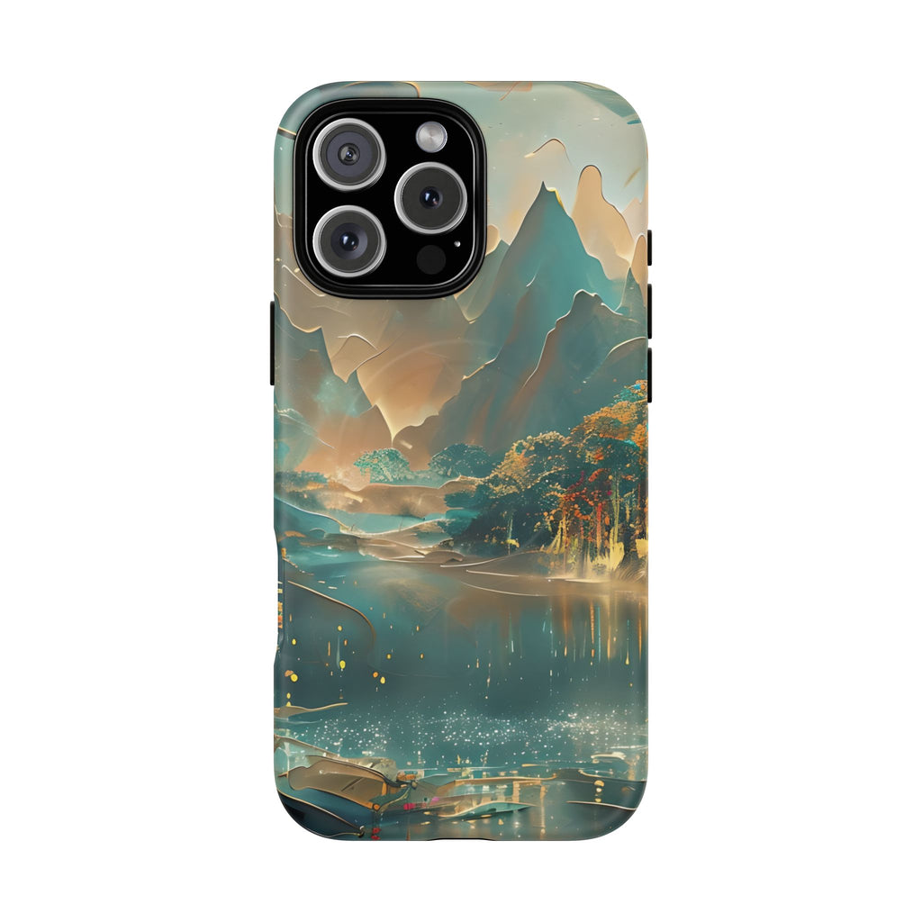 Misty Horizon - Serene Landscape Art iPhone 16 Pro Max MagSafe Phone Case - Tranquil Mountain & Lake Design