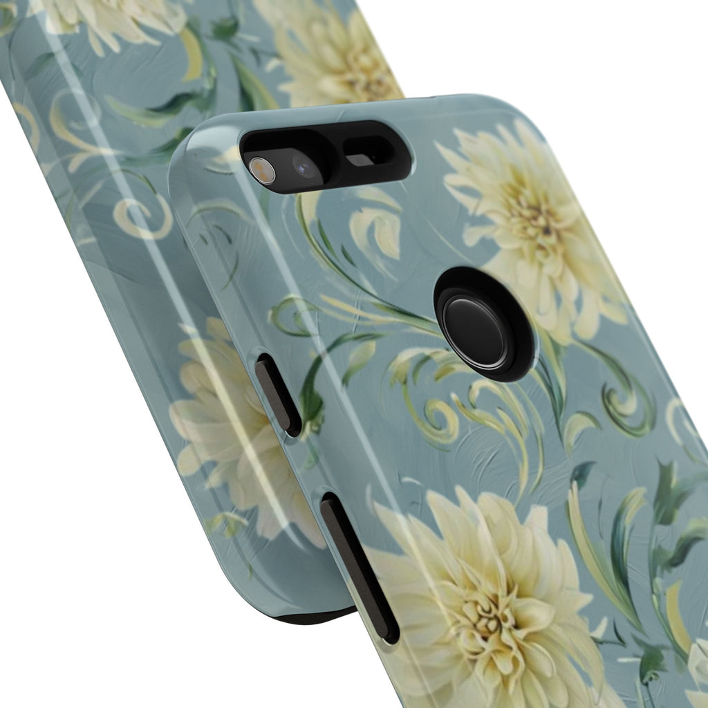 Golden Dahlia Trio - Elegant Floral Google Pixel XL Tough Phone Case - Artistic White & Blue Dahlia Design
