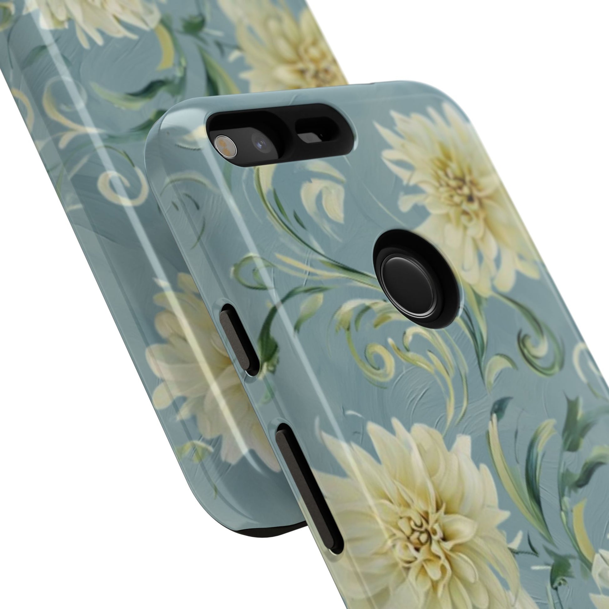Golden Dahlia Trio - Elegant Floral Google Pixel XL Tough Phone Case - Artistic White & Blue Dahlia Design