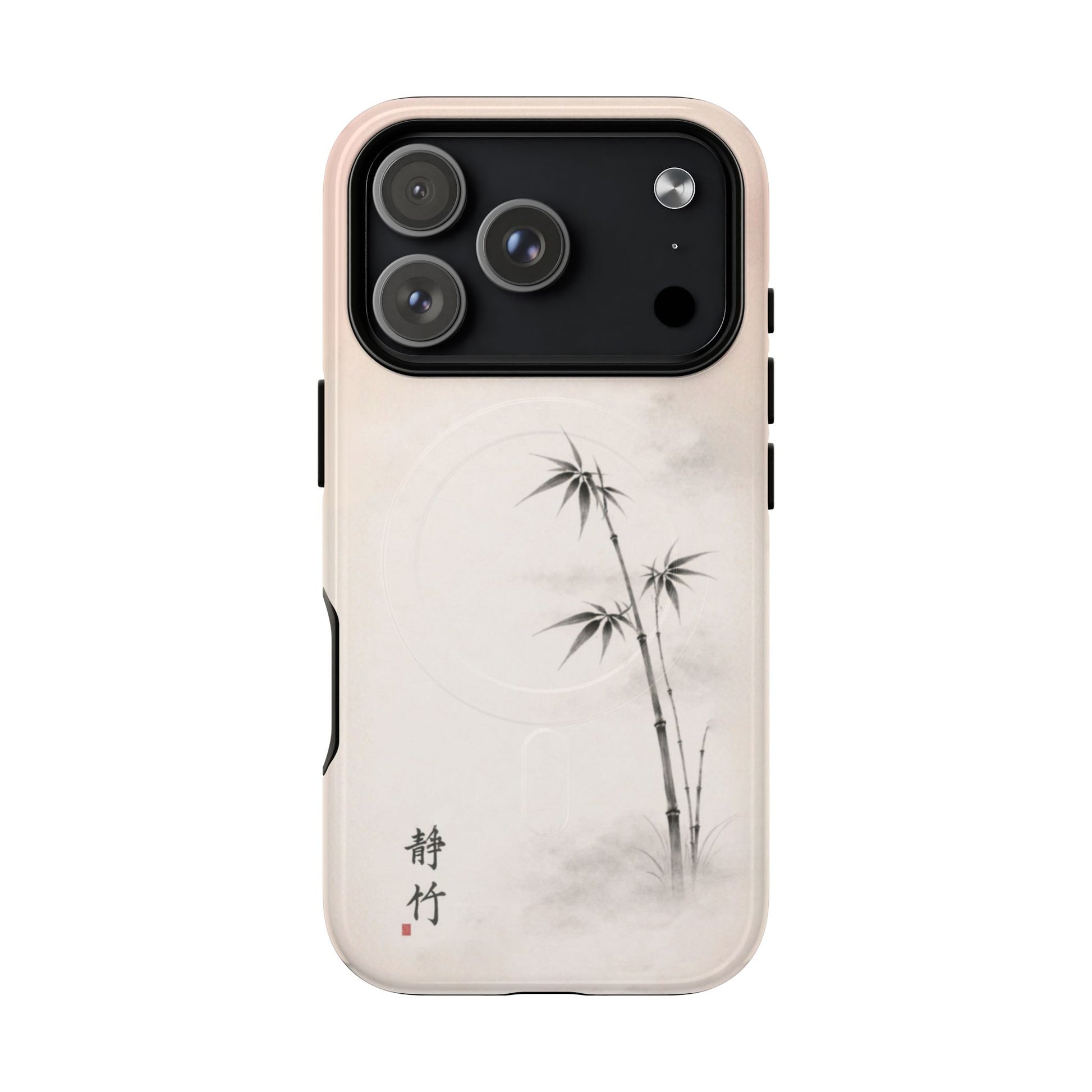 Still Bamboo iPhone case with large camera cutout – minimalist Japanese bamboo design, soft neutral tones, slim protective phone case, calming zen-inspired artwork