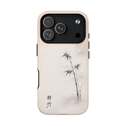 Still Bamboo iPhone case with large camera cutout – minimalist Japanese bamboo design, soft neutral tones, slim protective phone case, calming zen-inspired artwork