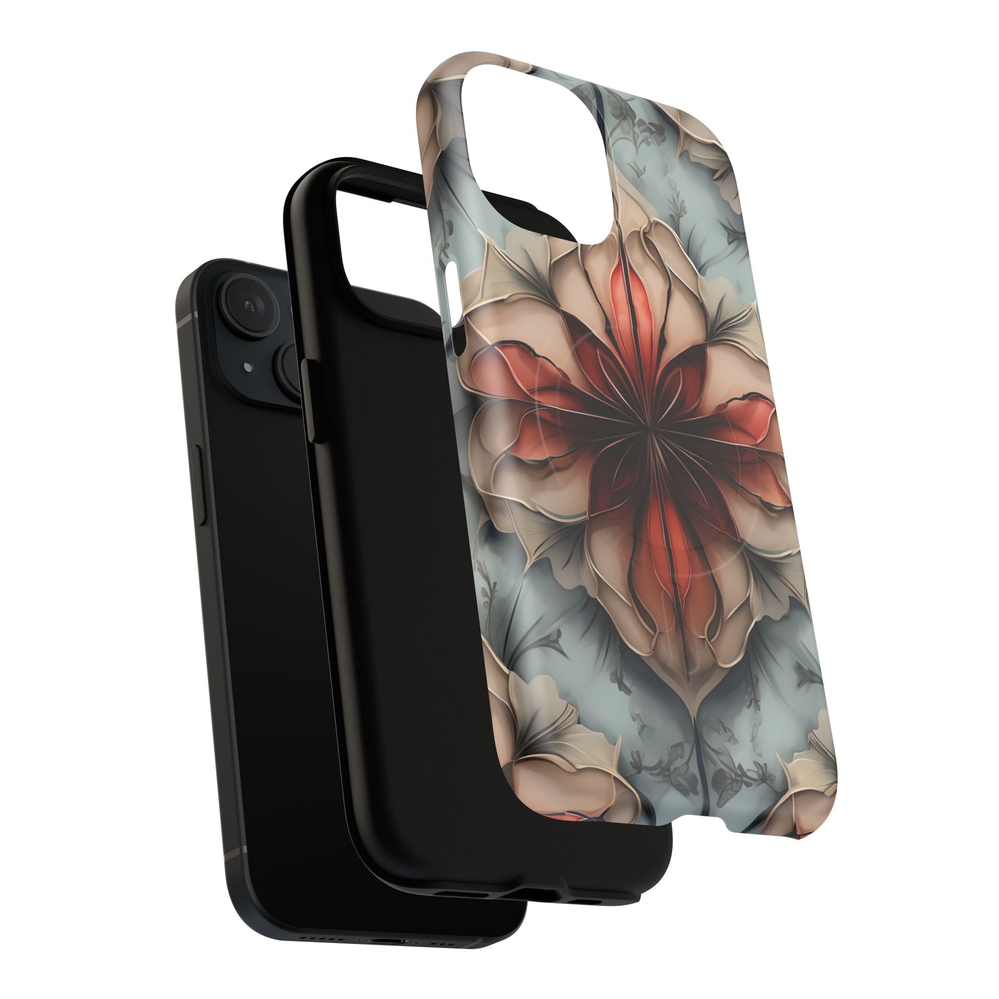 Ember Bloom - Kaleidoscope Collection Artistic Floral iPhone 15 MagSafe Phone Case - Fiery Symmetrical Design