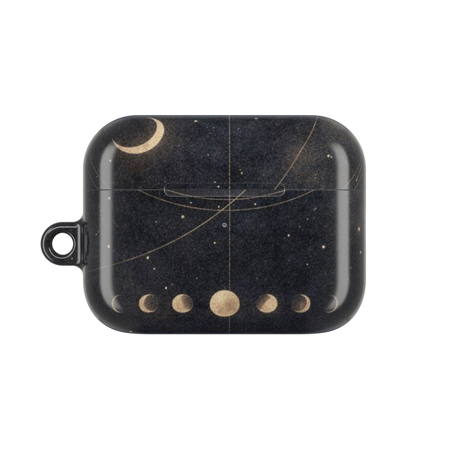 Celestial Moon Phase AirPods case featuring moon phase artwork with crescent moon and celestial line design on black background