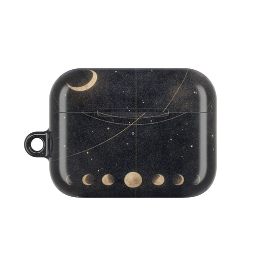 Celestial Moon Phase AirPods case featuring moon phase artwork with crescent moon and celestial line design on black background