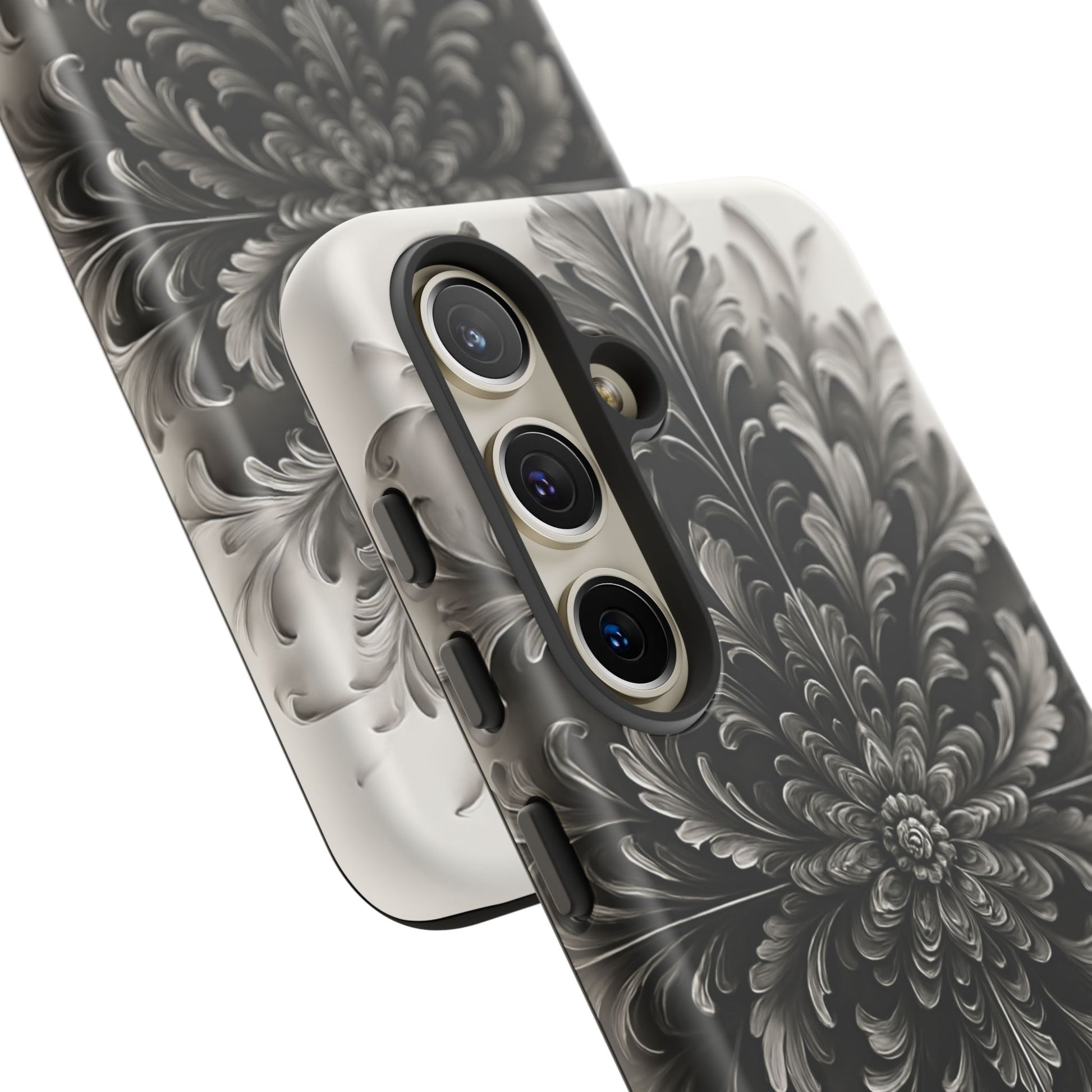Obsidian Bloom - Elegant Black & White Samsung Galaxy S24 Tough Phone Case - Intricate Mandala Flower Design