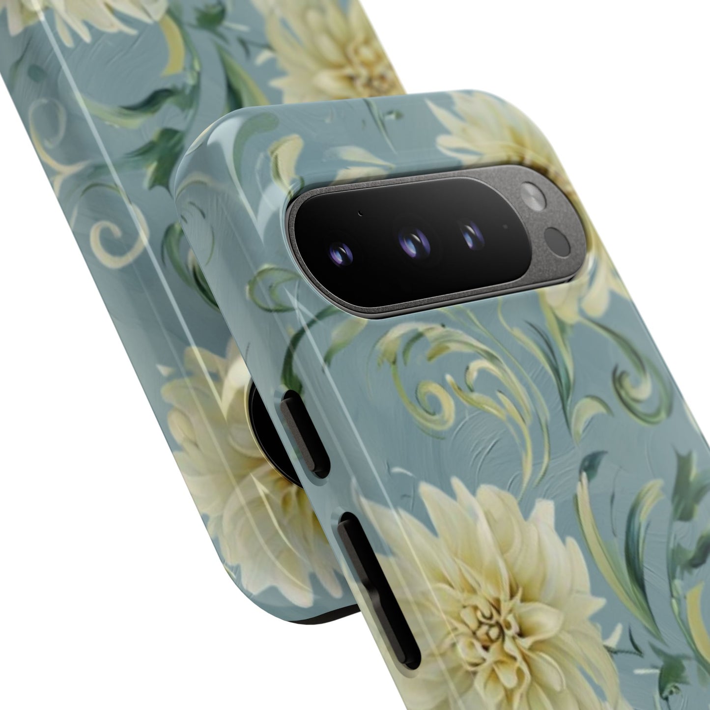 Golden Dahlia Trio - Elegant Floral Google Pixel Tough Phone Case - Artistic White & Blue Dahlia Design