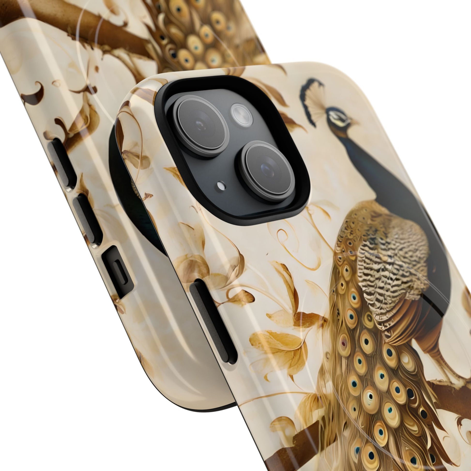 Golden Plumage - Luxe Peacock Art iPhone 15 Phone Case - MagSafe Compatible - Elegant Gold & Cream Design