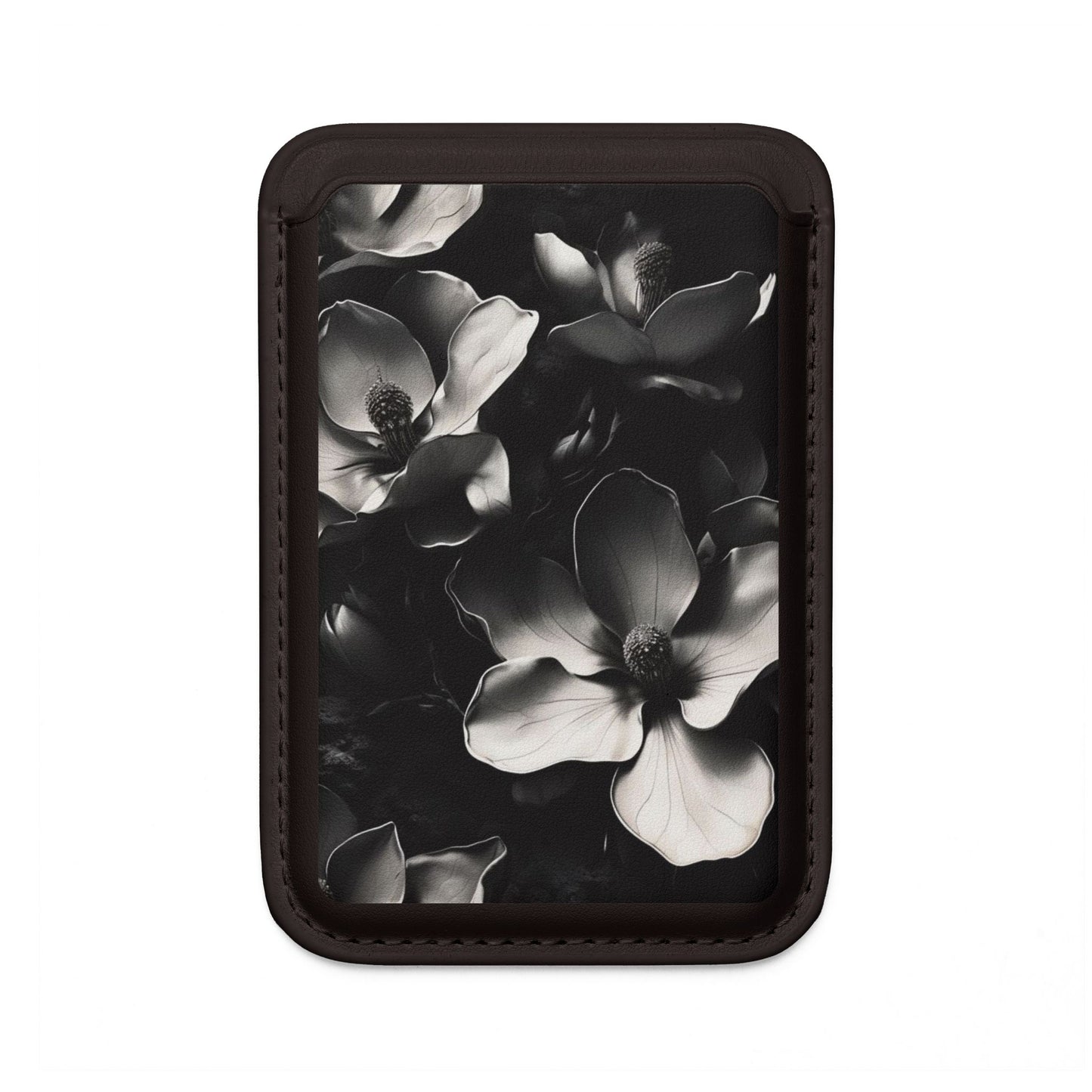 Monochrome Magnolia MagSafe card holder with black and white magnolia flower design on black magnetic wallet.
