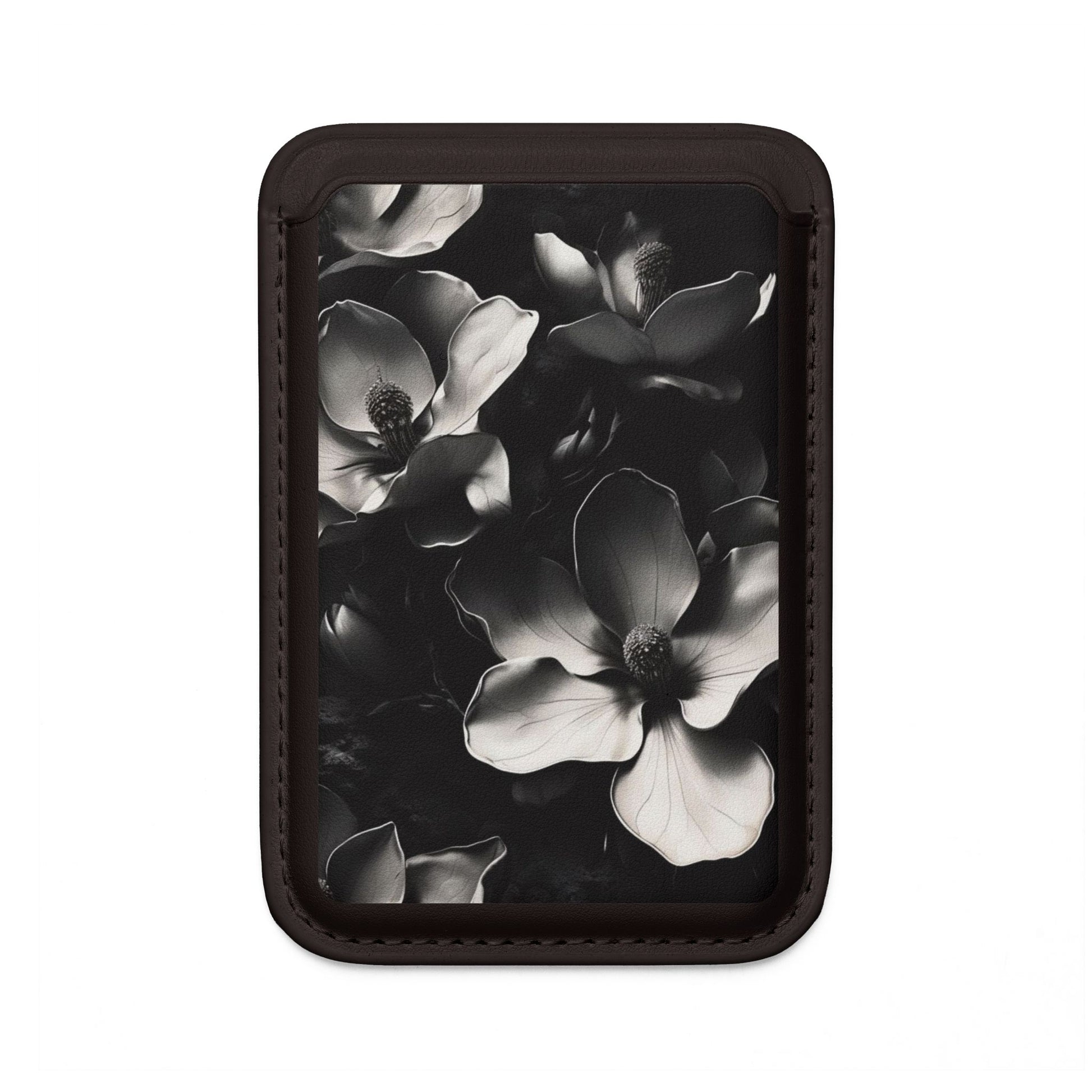 Monochrome Magnolia MagSafe card holder with black and white magnolia flower design on black magnetic wallet.