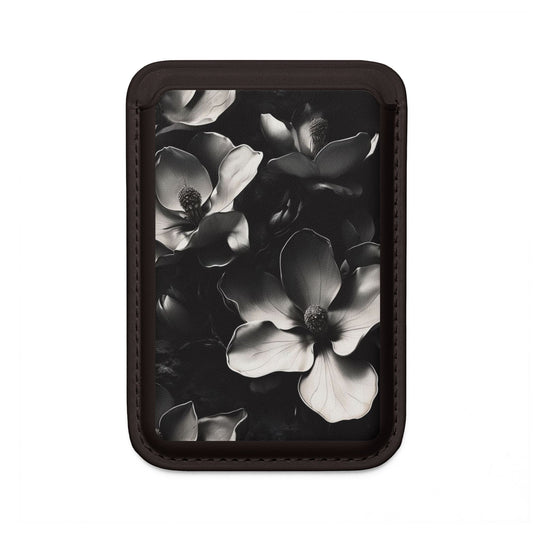 Monochrome Magnolia MagSafe card holder with black and white magnolia flower design on black magnetic wallet.