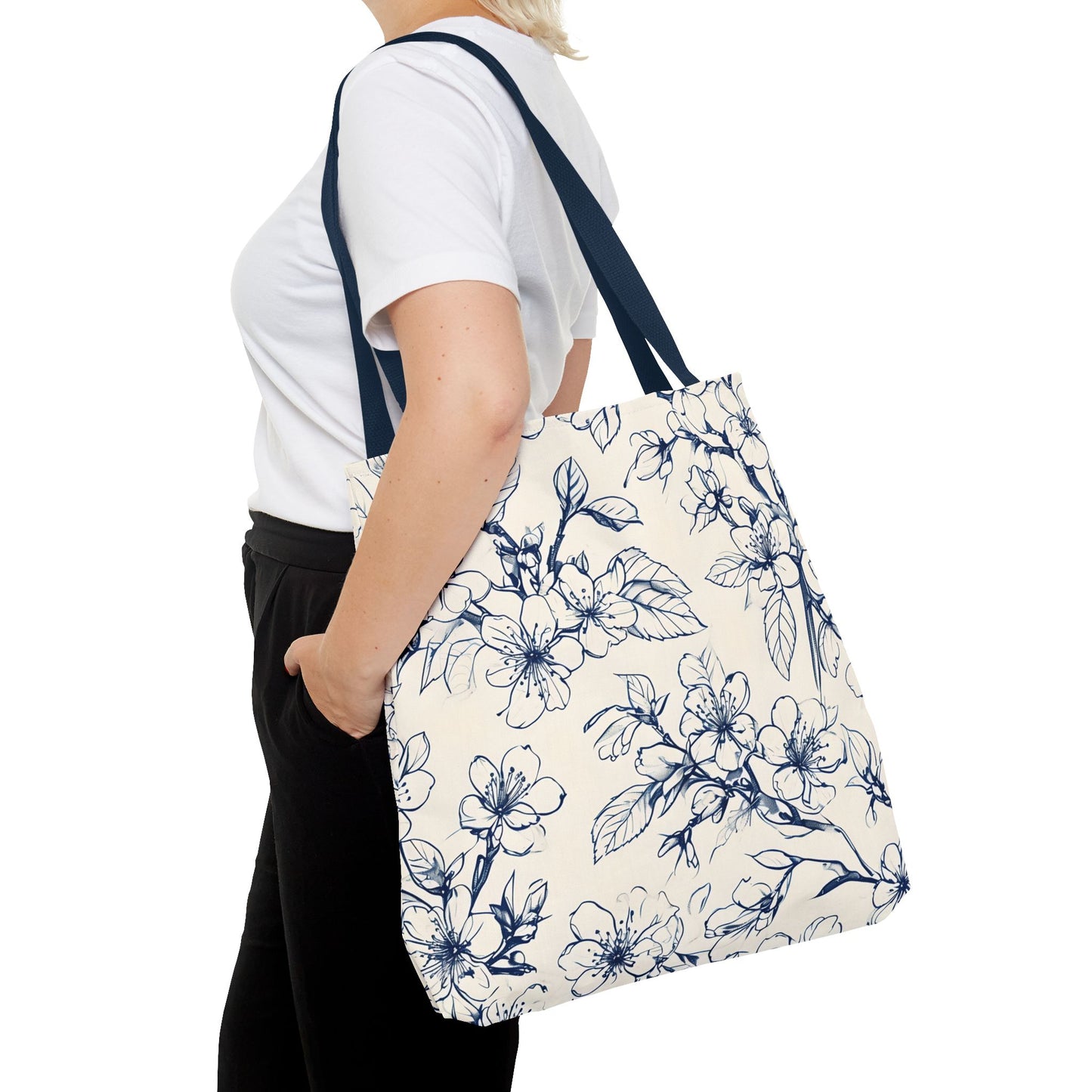 Blossom Sketch Floral Tote Bag (16x16 & 18x18)- Elegant Navy Line Art on Beige Canvas, Reusable & Eco-Friendly