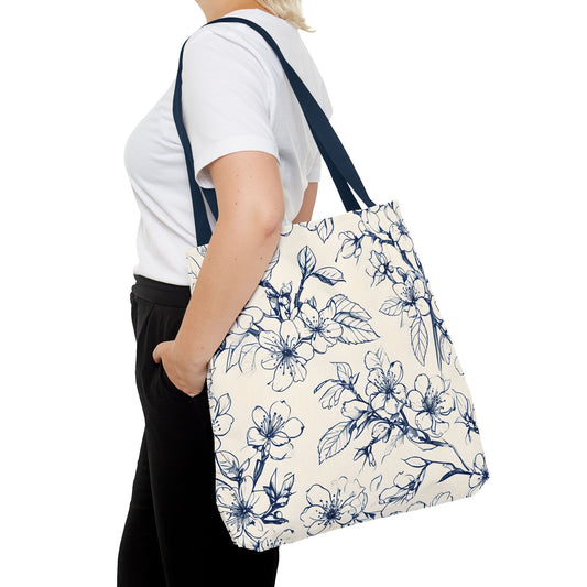 Blossom Sketch Floral Tote Bag (16x16 & 18x18)- Elegant Navy Line Art on Beige Canvas, Reusable & Eco-Friendly