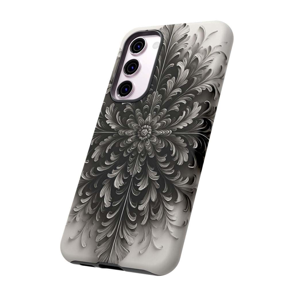 Obsidian Bloom - Elegant Black & White Samsung Galaxy S23 Plus Tough Phone Case - Intricate Mandala Flower Design