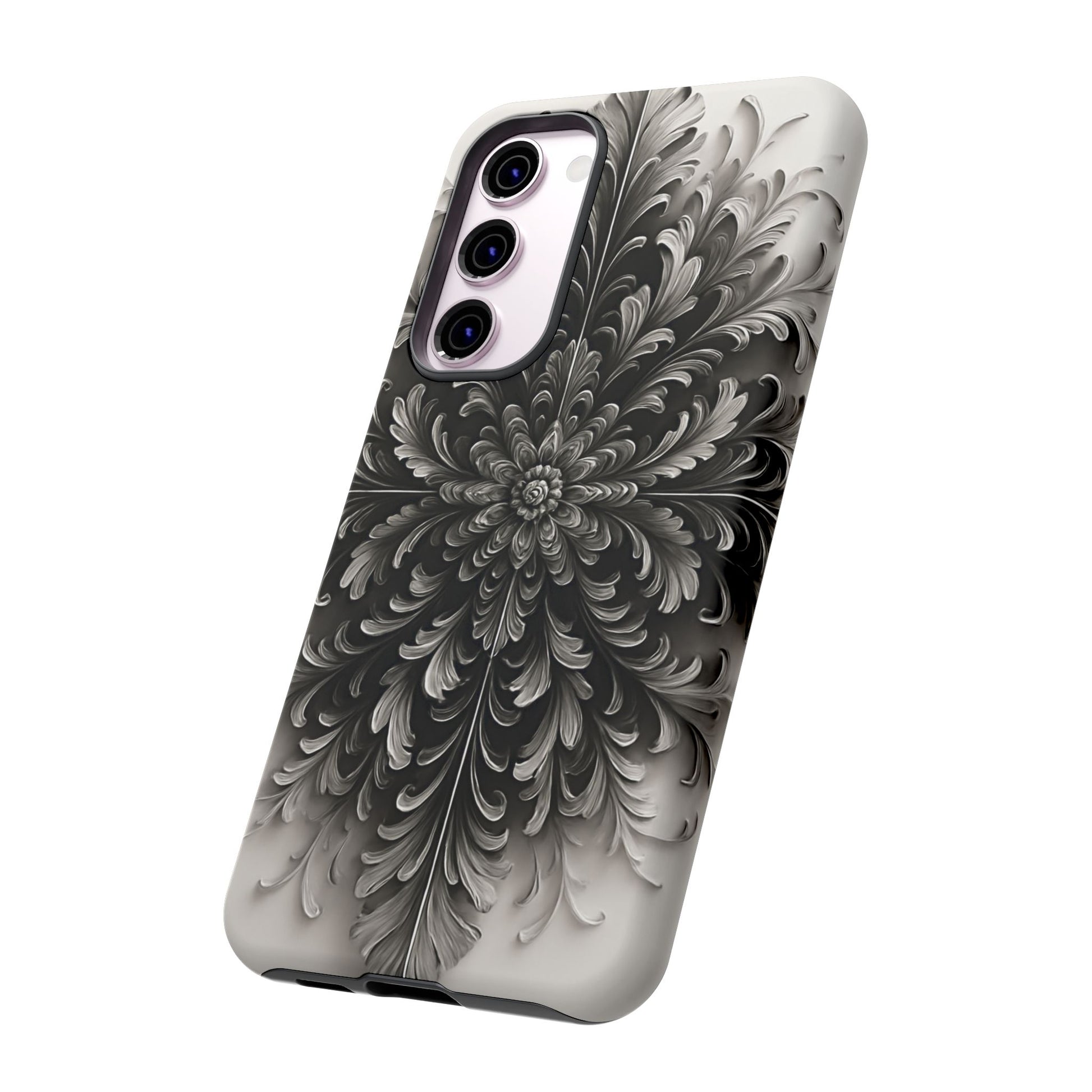 Obsidian Bloom - Elegant Black & White Samsung Galaxy S23 Plus Tough Phone Case - Intricate Mandala Flower Design