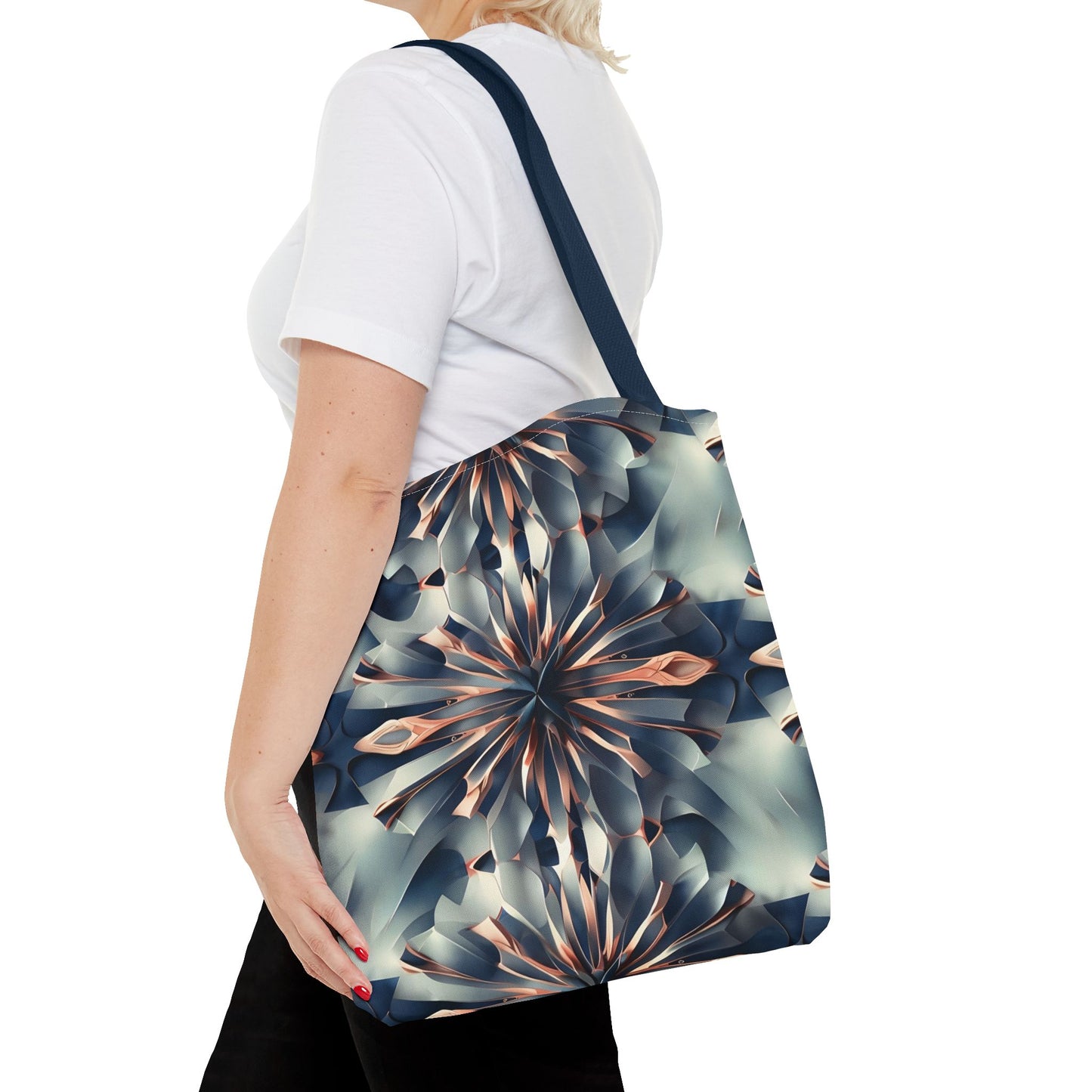 Obsidian Kaleidoscope canvas tote bag worn over shoulder showing intricate kaleidoscope geometric artwork