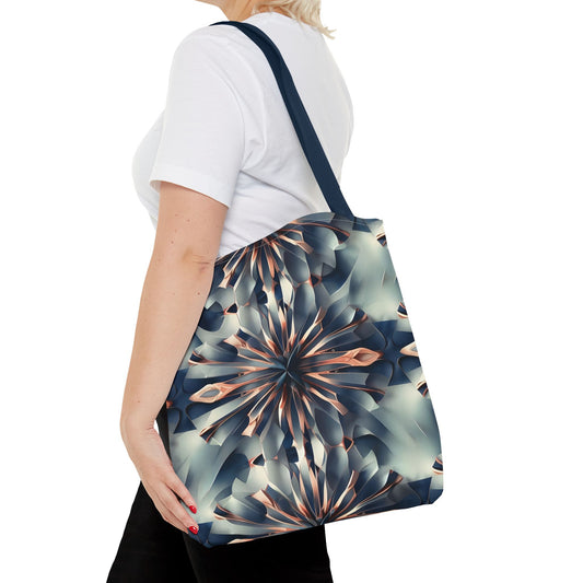 Obsidian Kaleidoscope canvas tote bag worn over shoulder showing intricate kaleidoscope geometric artwork