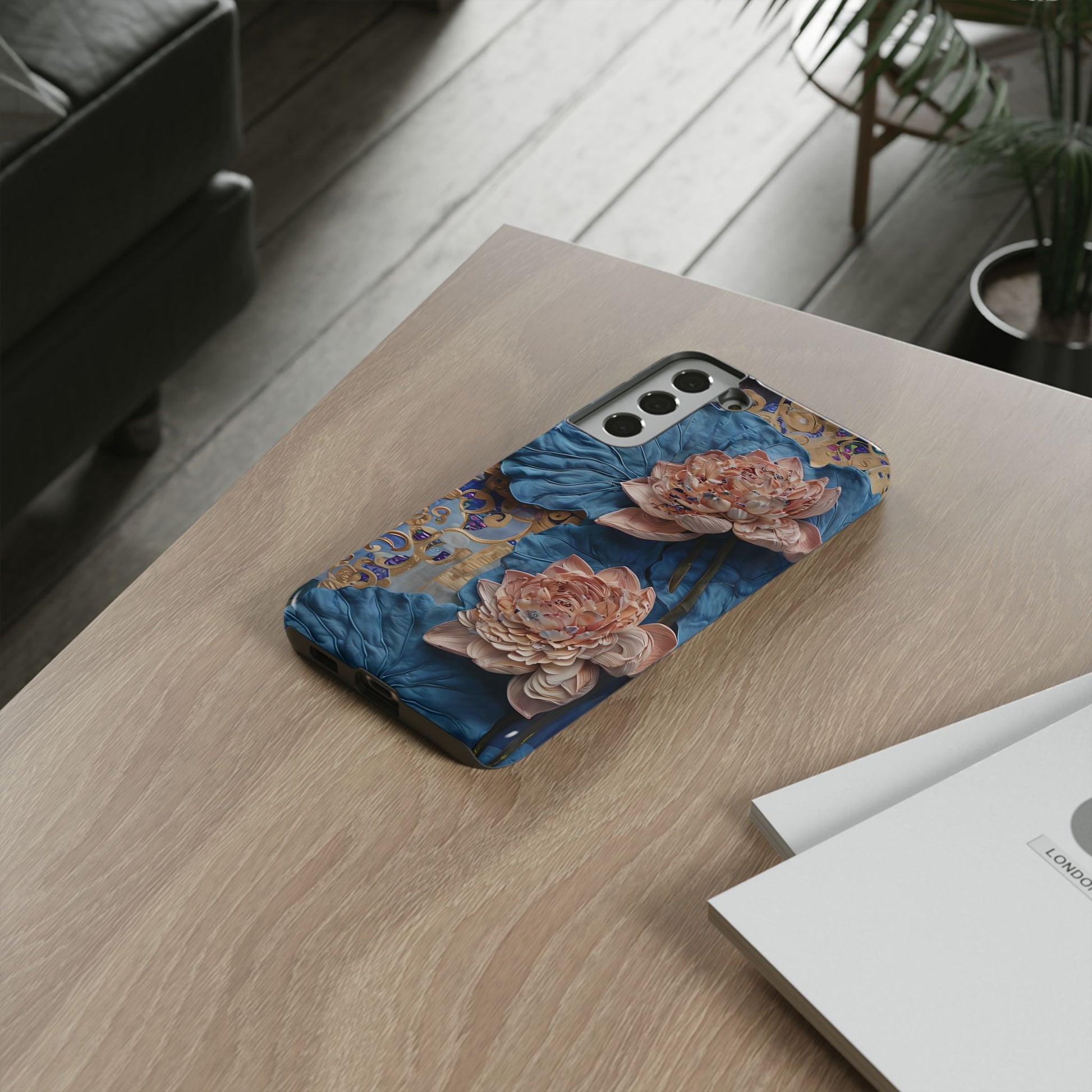 Peony Midnight Tapestry - Samsung Galaxy S22 Plus - Elegant Blue & Blush Artful Phone Cover