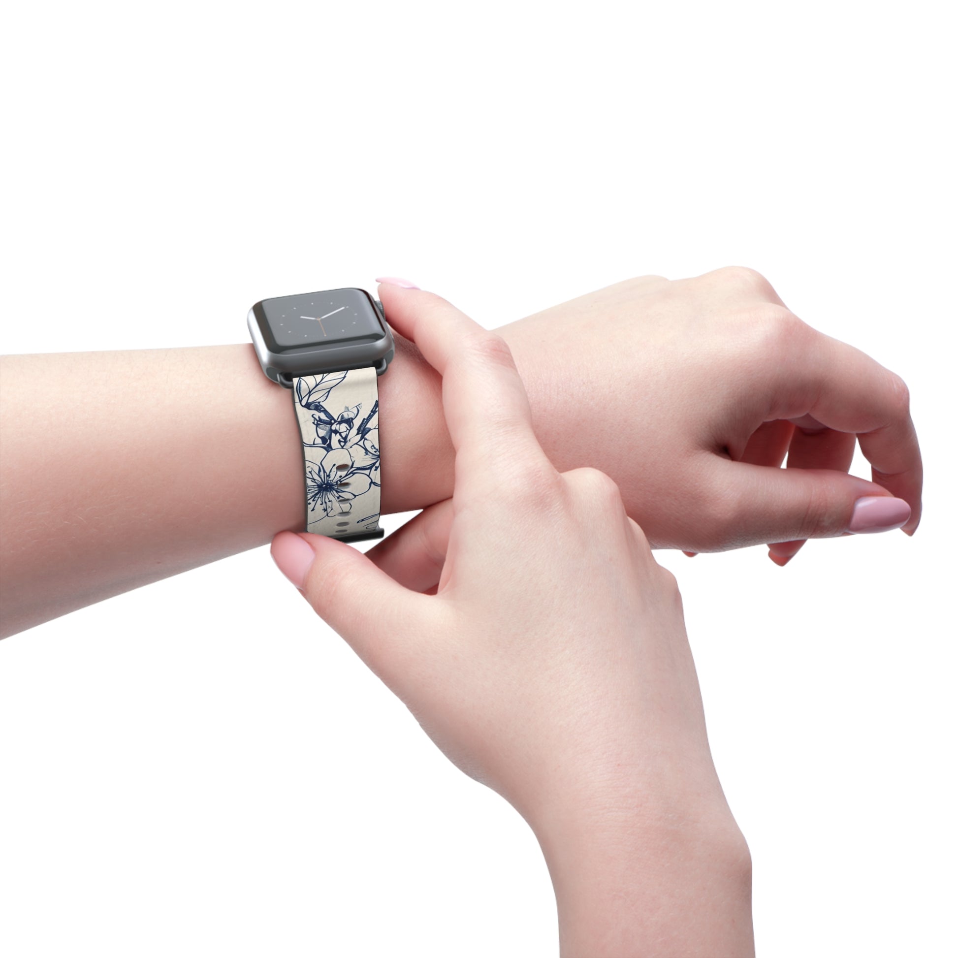 Blossom Sketch Apple Watch band worn on wrist featuring delicate blue botanical sketch design