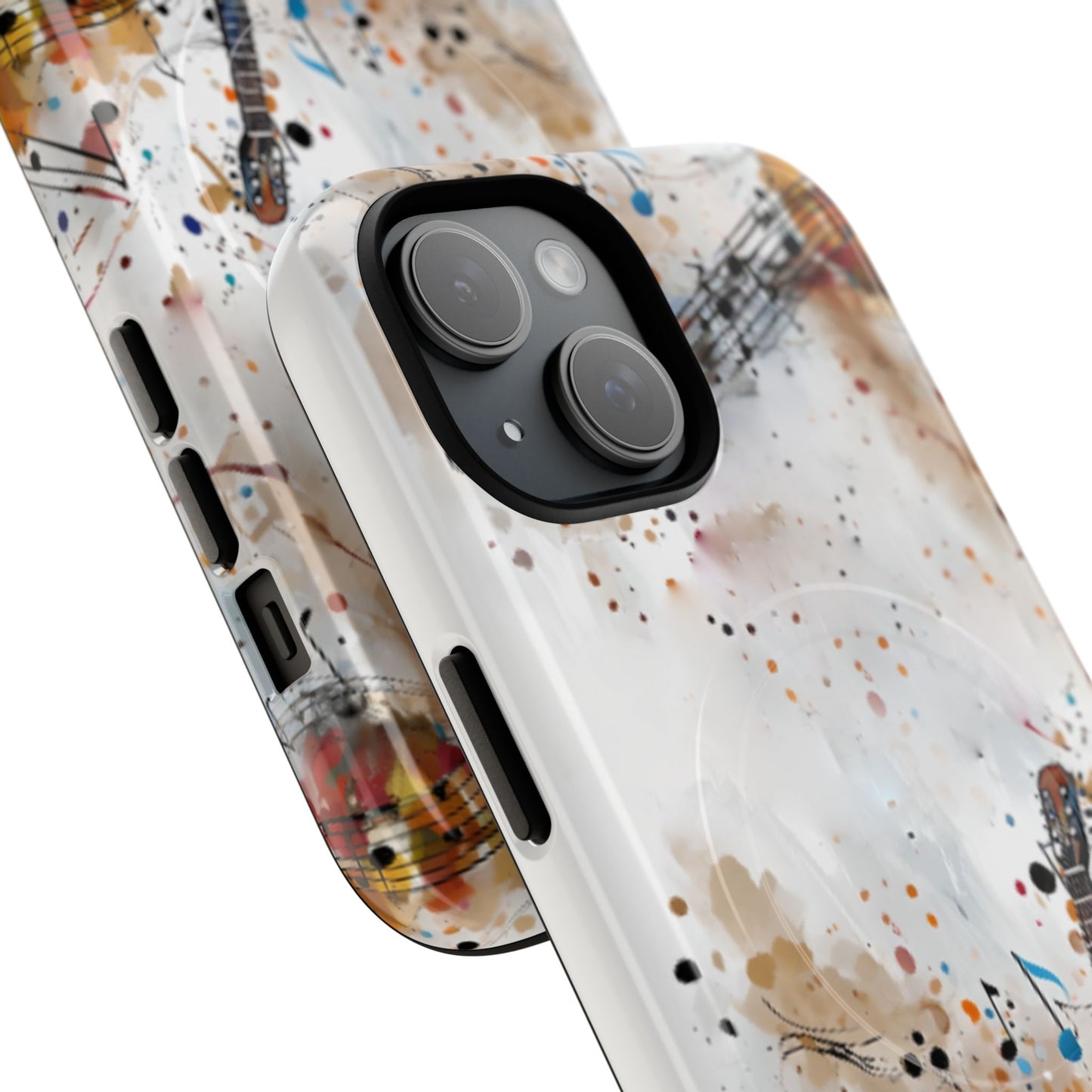 Strum and Flow acoustic guitar watercolor music artwork iPhone MagSafe case angled view