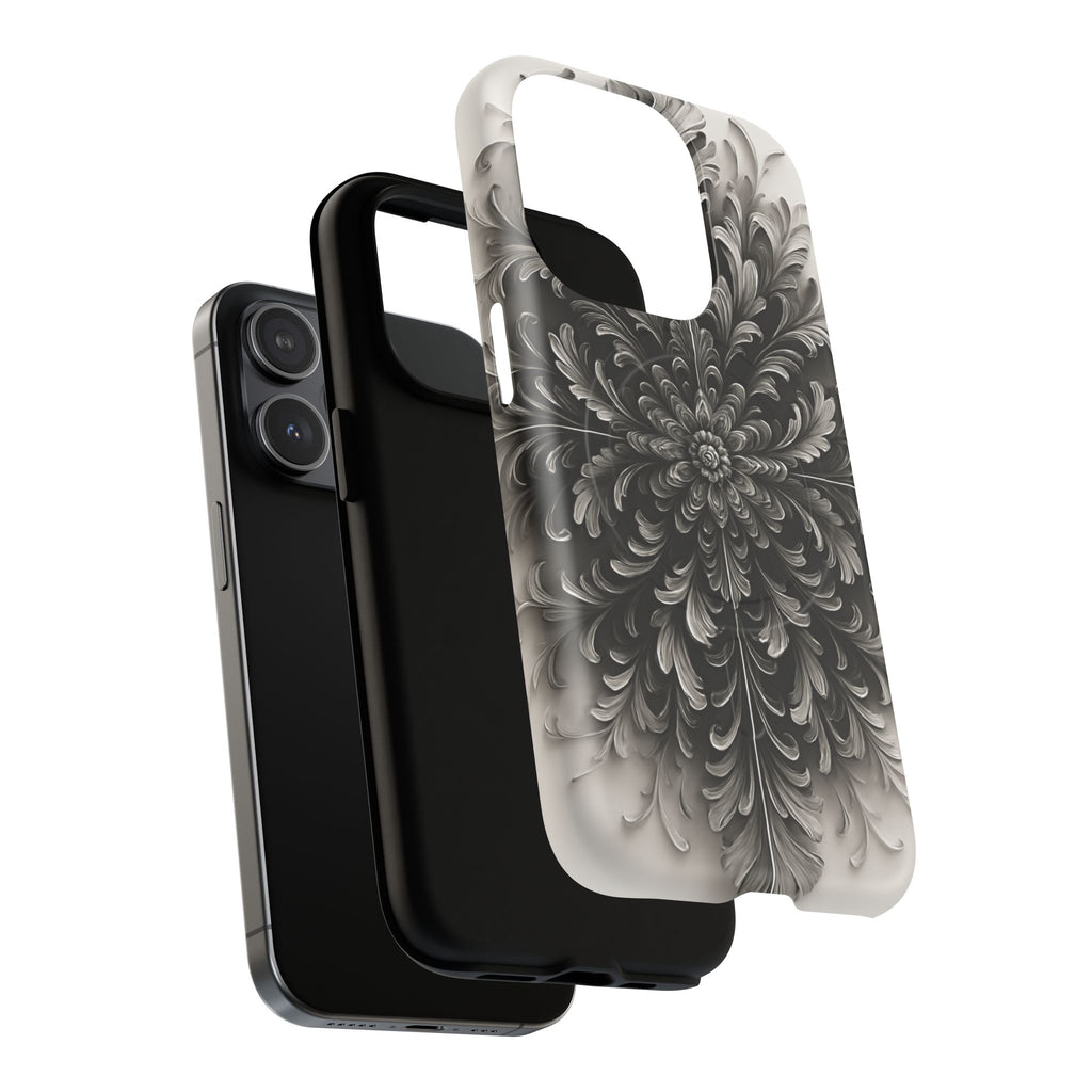 Obsidian Bloom - Elegant Black & White iPhone 15 Pro MagSafe Phone Case - Intricate Mandala Flower Design